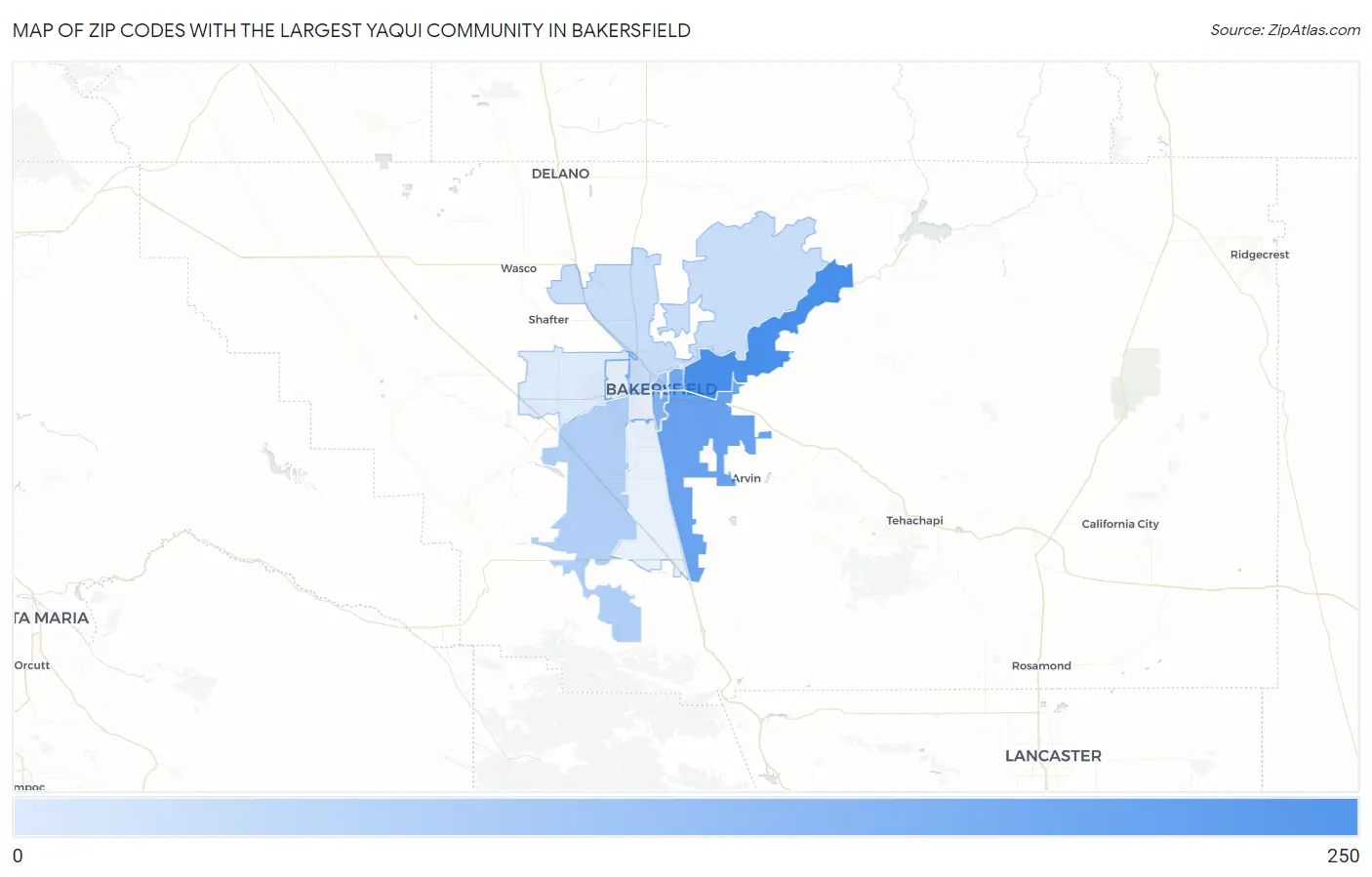 Zip Codes with the Largest Yaqui Community in Bakersfield Map