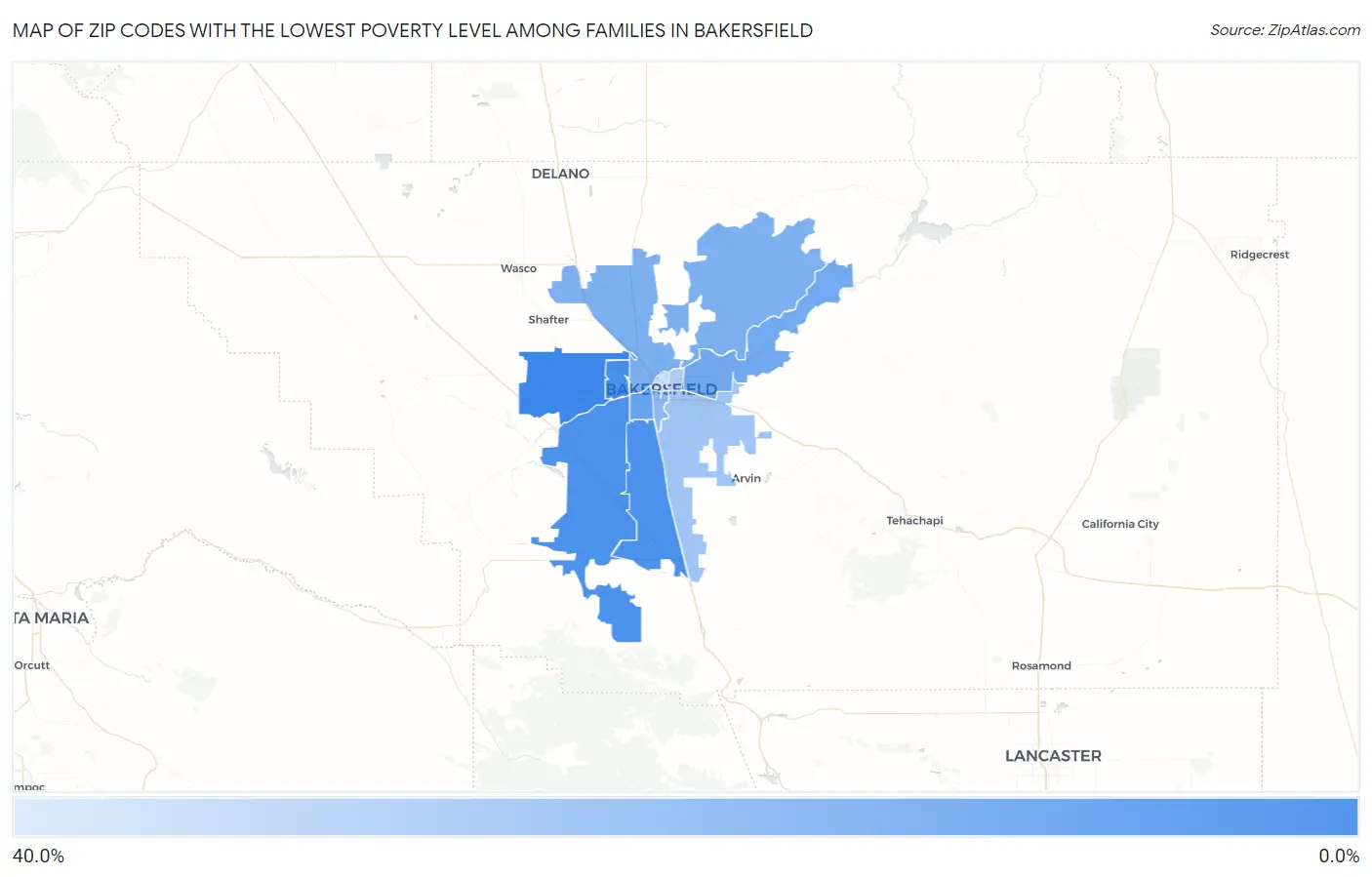 Zip Codes with the Lowest Poverty Level Among Families in Bakersfield Map