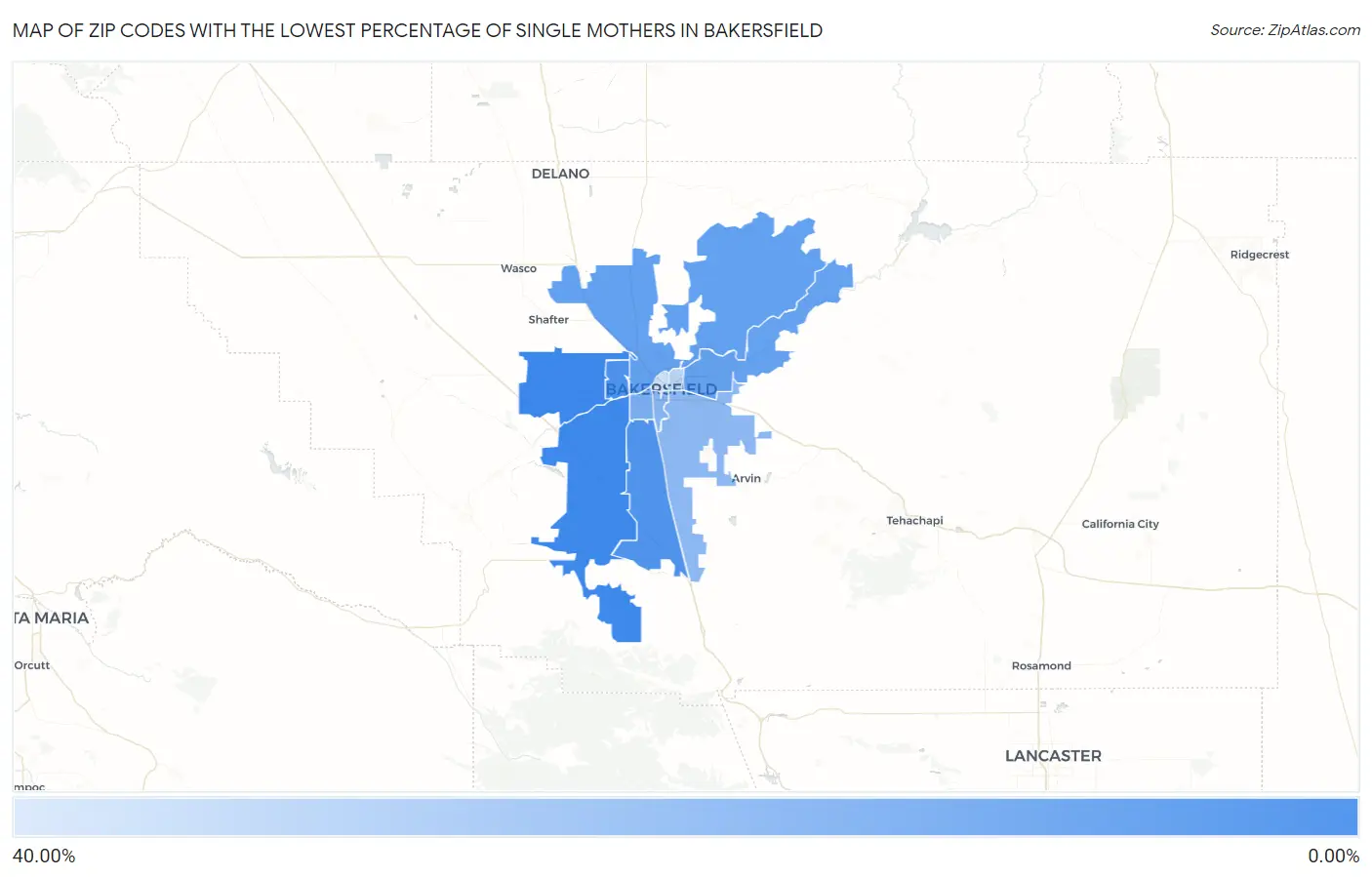 Zip Codes with the Lowest Percentage of Single Mothers in Bakersfield Map
