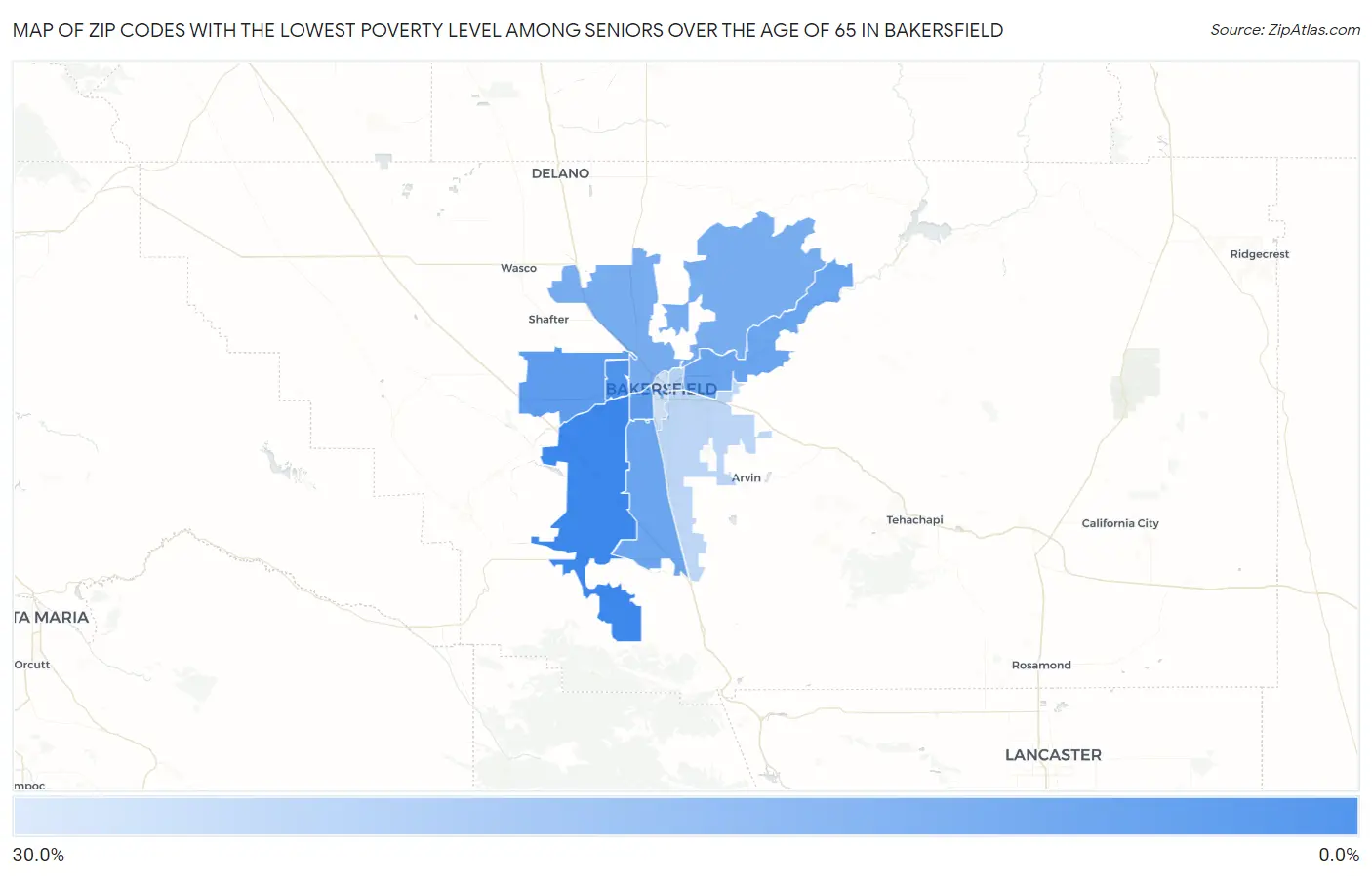Zip Codes with the Lowest Poverty Level Among Seniors Over the Age of 65 in Bakersfield Map
