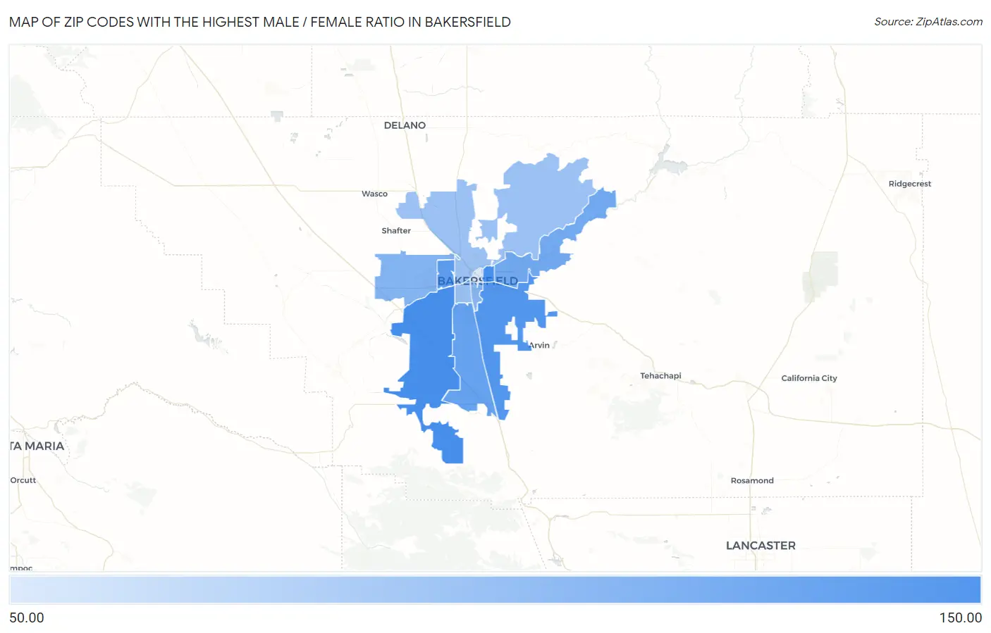Zip Codes with the Highest Male / Female Ratio in Bakersfield Map