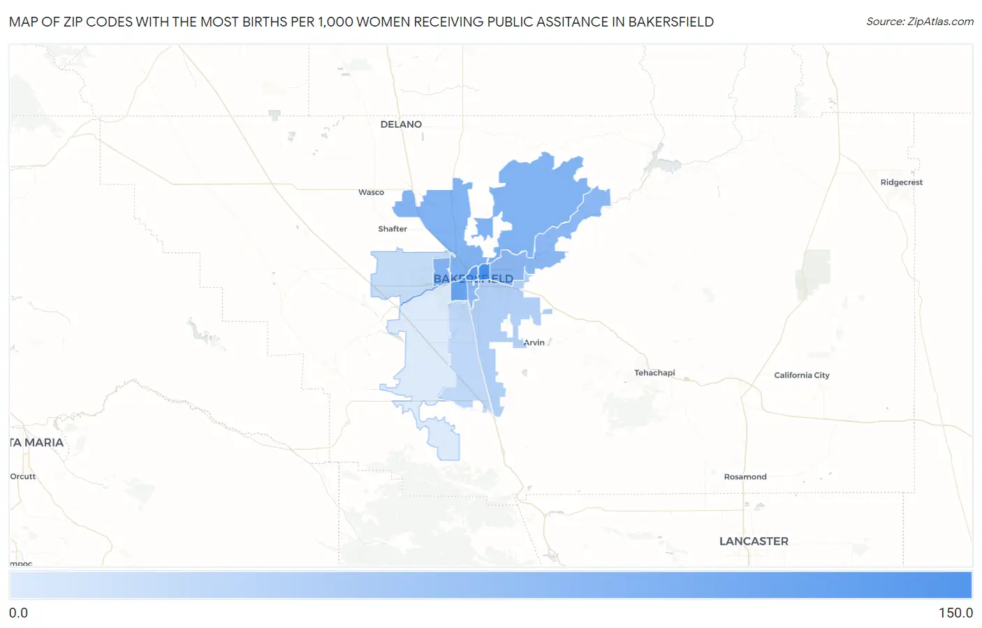 Zip Codes with the Most Births per 1,000 Women Receiving Public Assitance in Bakersfield Map