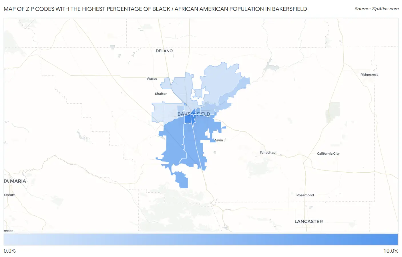 Zip Codes with the Highest Percentage of Black / African American Population in Bakersfield Map