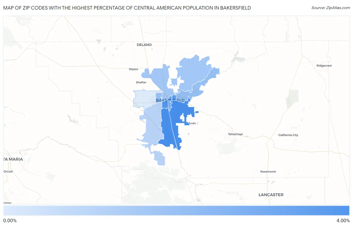 Zip Codes with the Highest Percentage of Central American Population in Bakersfield Map