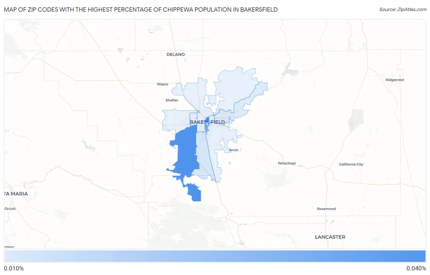 Zip Codes with the Highest Percentage of Chippewa Population in Bakersfield Map