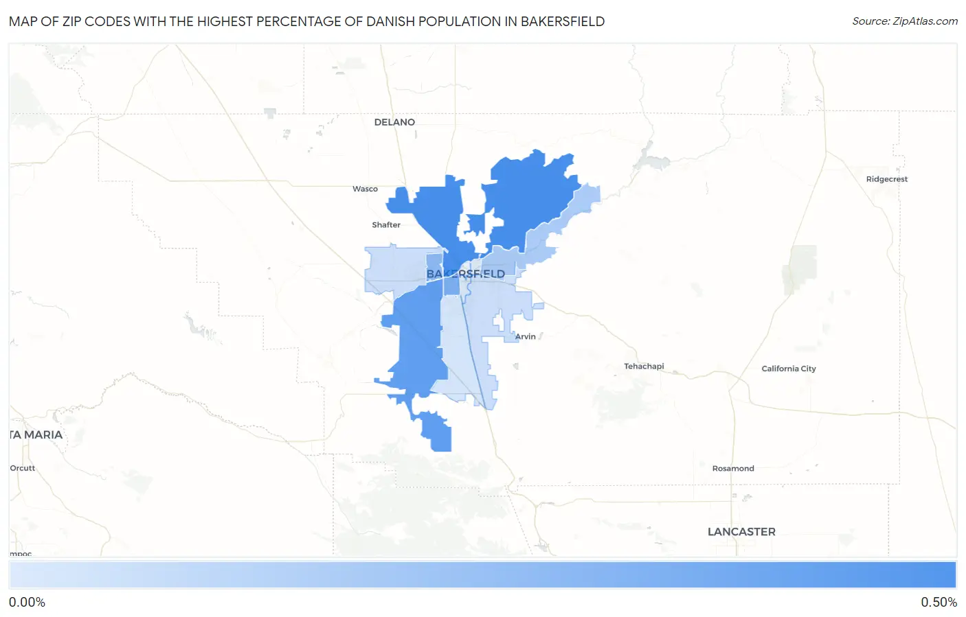 Zip Codes with the Highest Percentage of Danish Population in Bakersfield Map