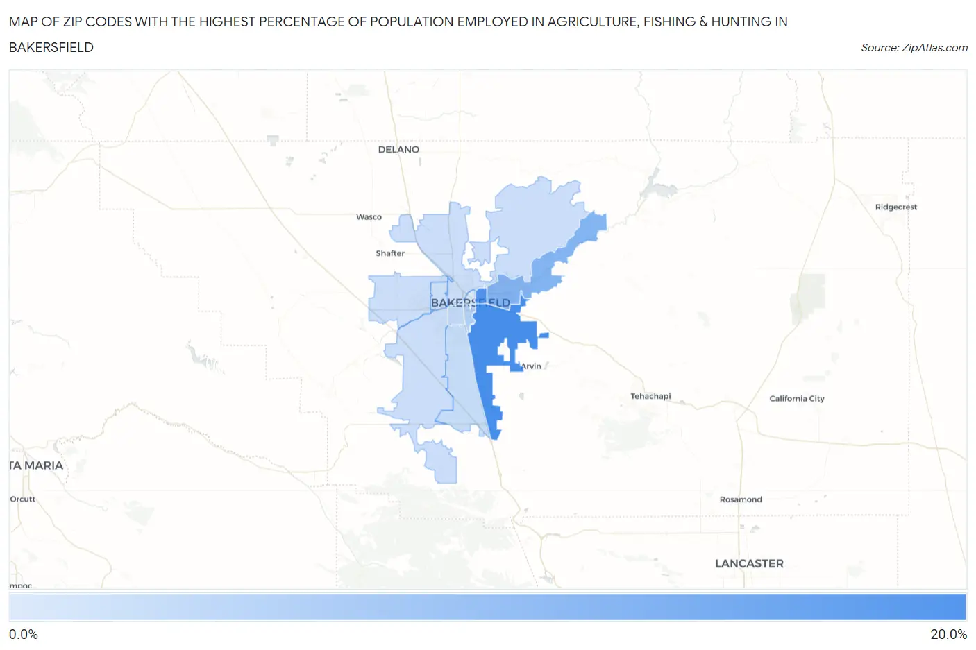Zip Codes with the Highest Percentage of Population Employed in Agriculture, Fishing & Hunting in Bakersfield Map
