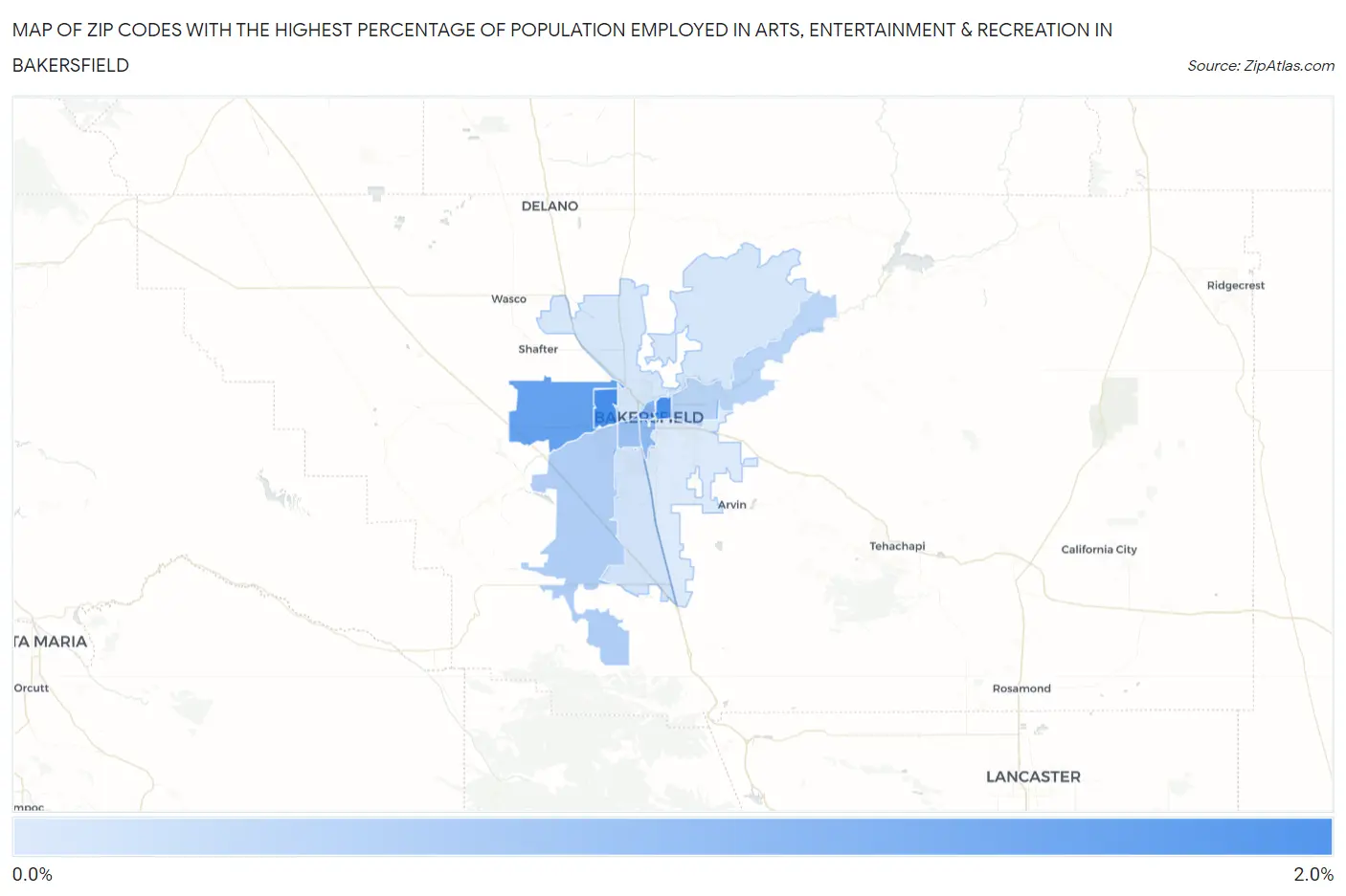 Zip Codes with the Highest Percentage of Population Employed in Arts, Entertainment & Recreation in Bakersfield Map