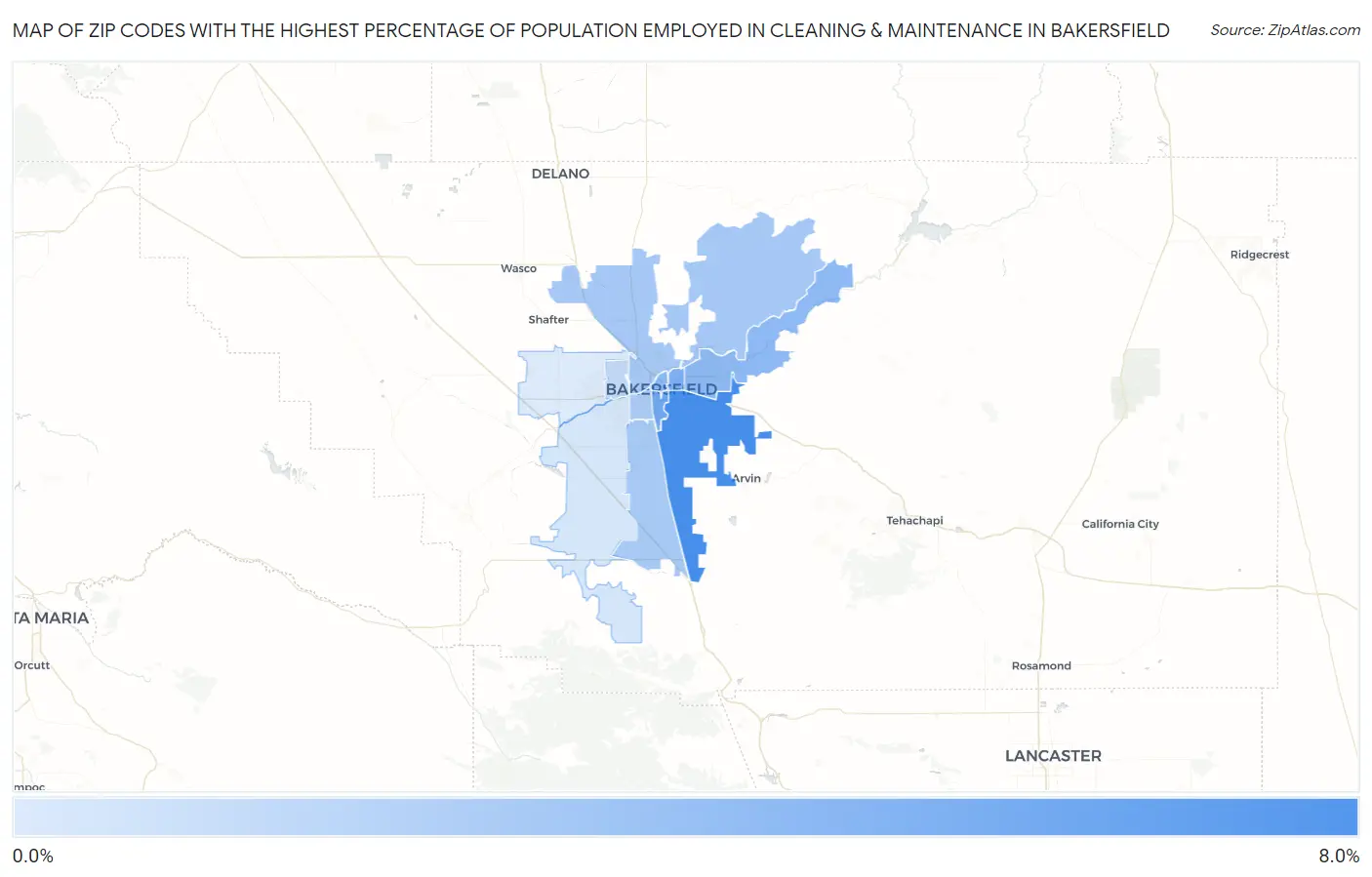 Zip Codes with the Highest Percentage of Population Employed in Cleaning & Maintenance in Bakersfield Map