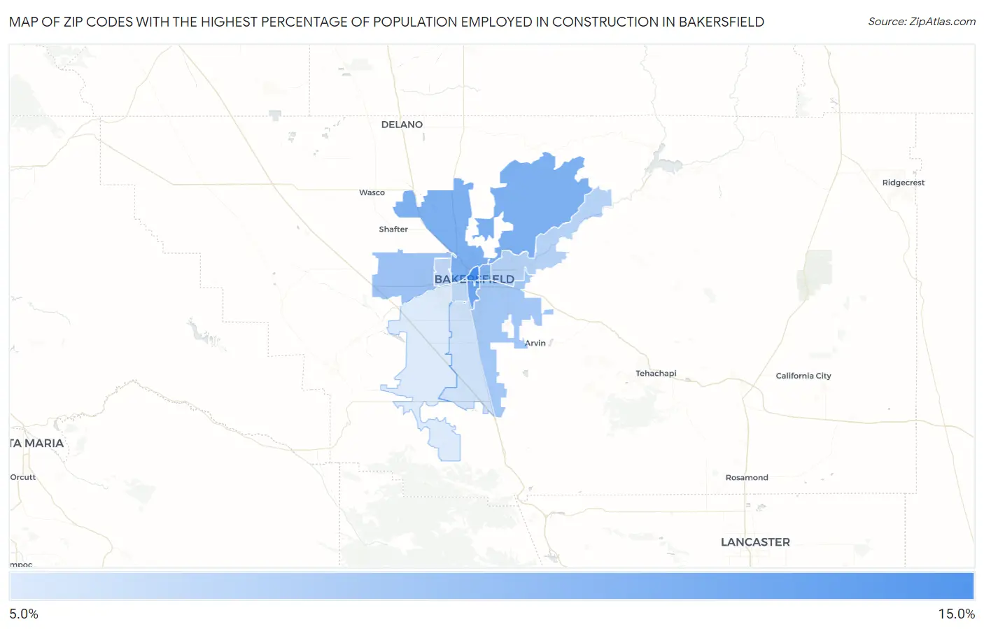 Zip Codes with the Highest Percentage of Population Employed in Construction in Bakersfield Map
