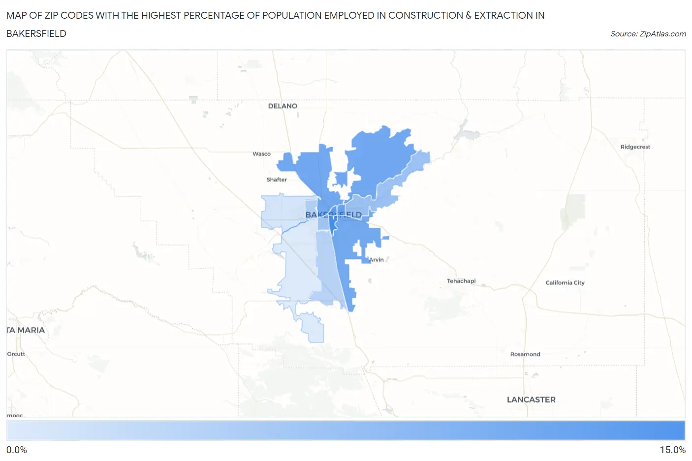 Zip Codes with the Highest Percentage of Population Employed in Construction & Extraction in Bakersfield Map