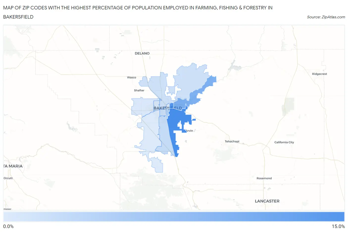 Zip Codes with the Highest Percentage of Population Employed in Farming, Fishing & Forestry in Bakersfield Map