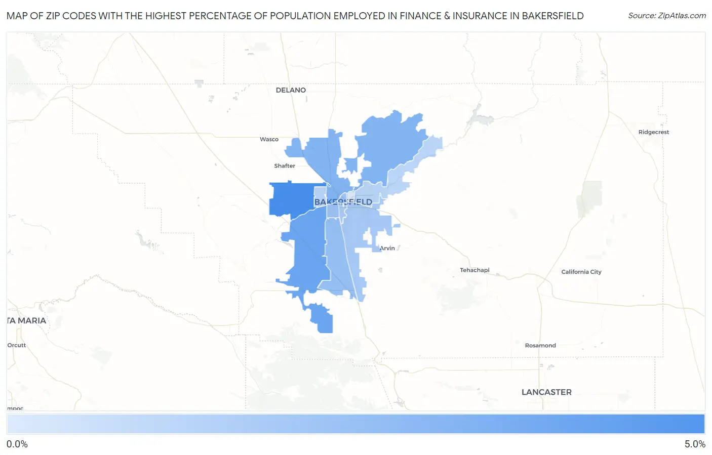 Zip Codes with the Highest Percentage of Population Employed in Finance & Insurance in Bakersfield Map