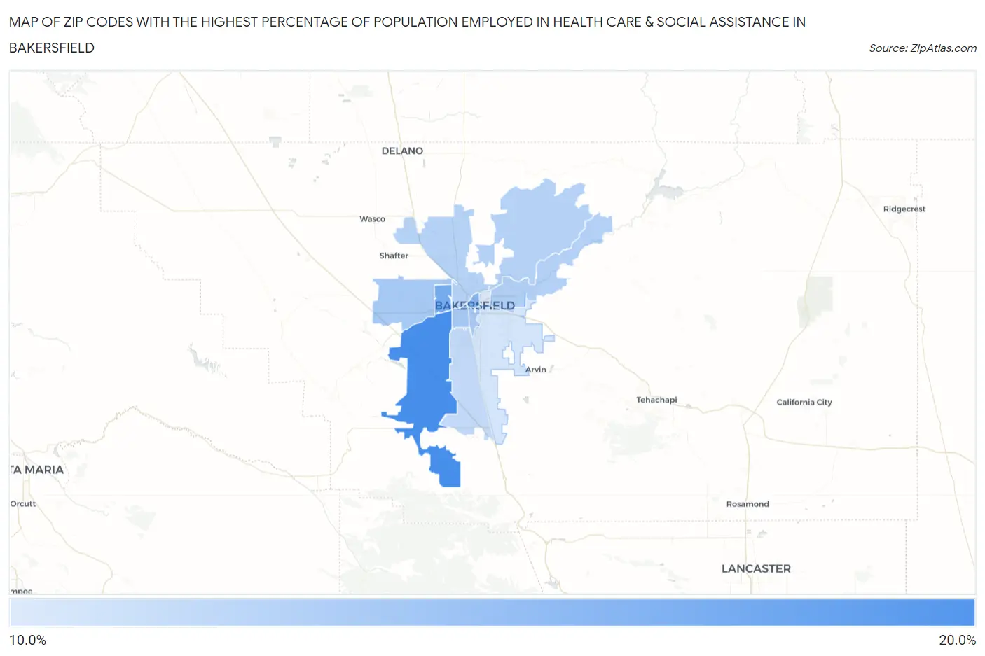Zip Codes with the Highest Percentage of Population Employed in Health Care & Social Assistance in Bakersfield Map