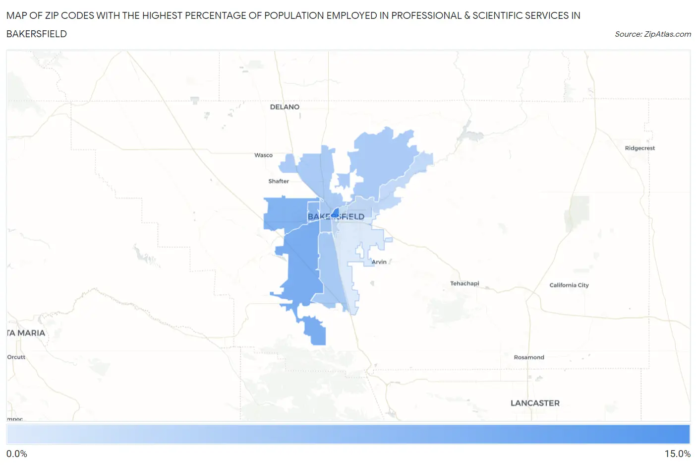 Zip Codes with the Highest Percentage of Population Employed in Professional & Scientific Services in Bakersfield Map