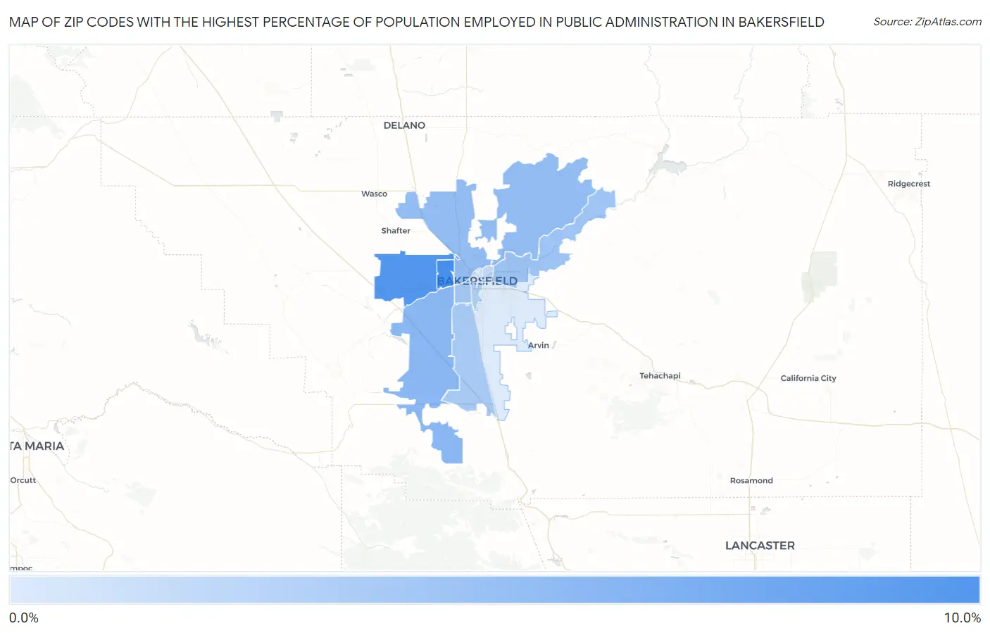Zip Codes with the Highest Percentage of Population Employed in Public Administration in Bakersfield Map
