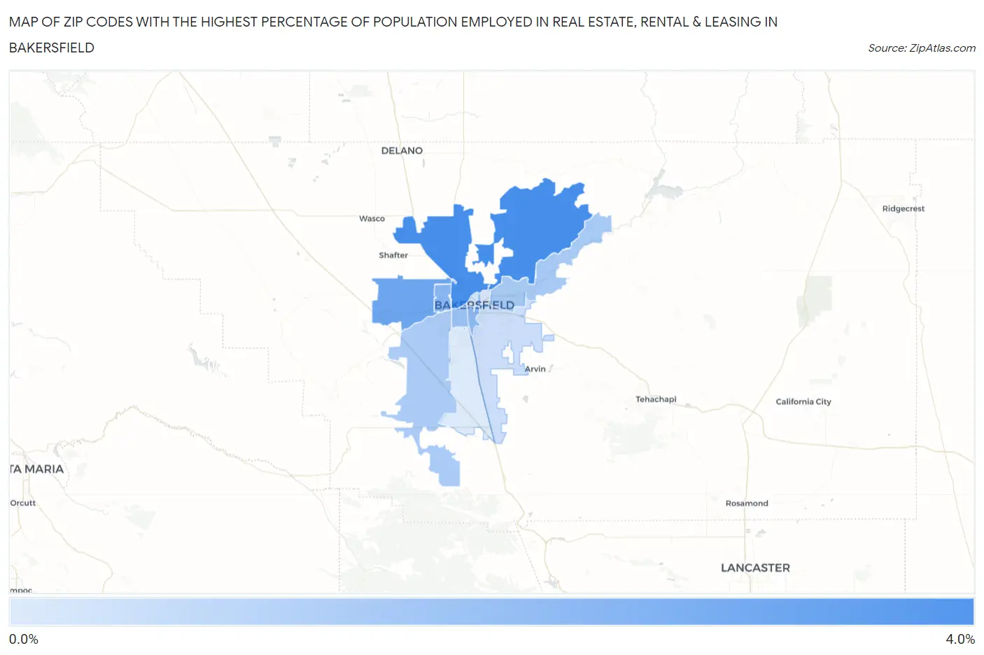 Zip Codes with the Highest Percentage of Population Employed in Real Estate, Rental & Leasing in Bakersfield Map