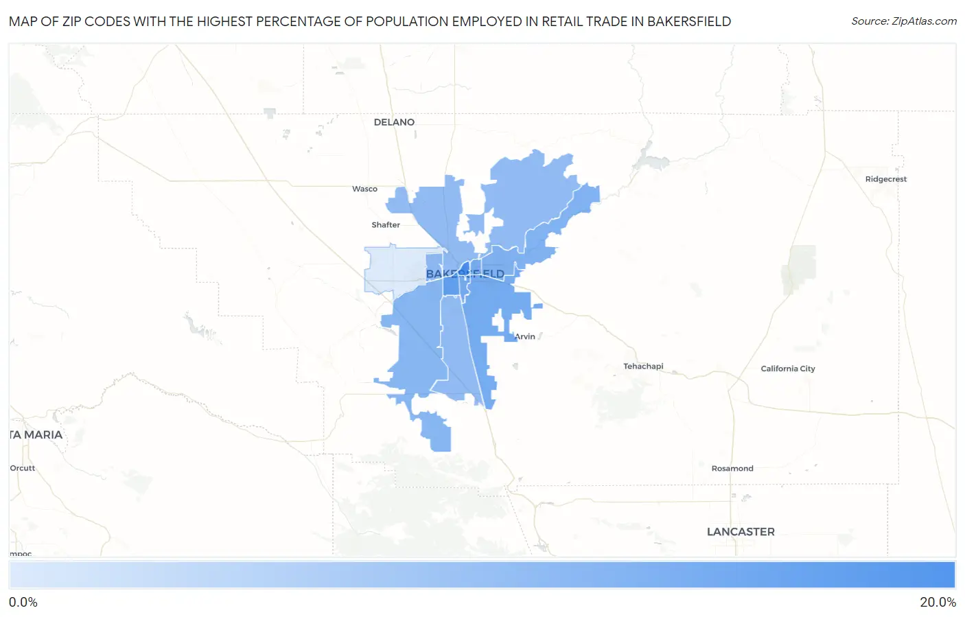 Zip Codes with the Highest Percentage of Population Employed in Retail Trade in Bakersfield Map