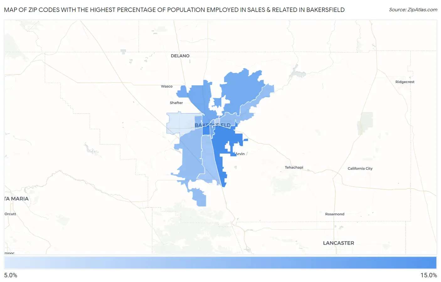 Zip Codes with the Highest Percentage of Population Employed in Sales & Related in Bakersfield Map