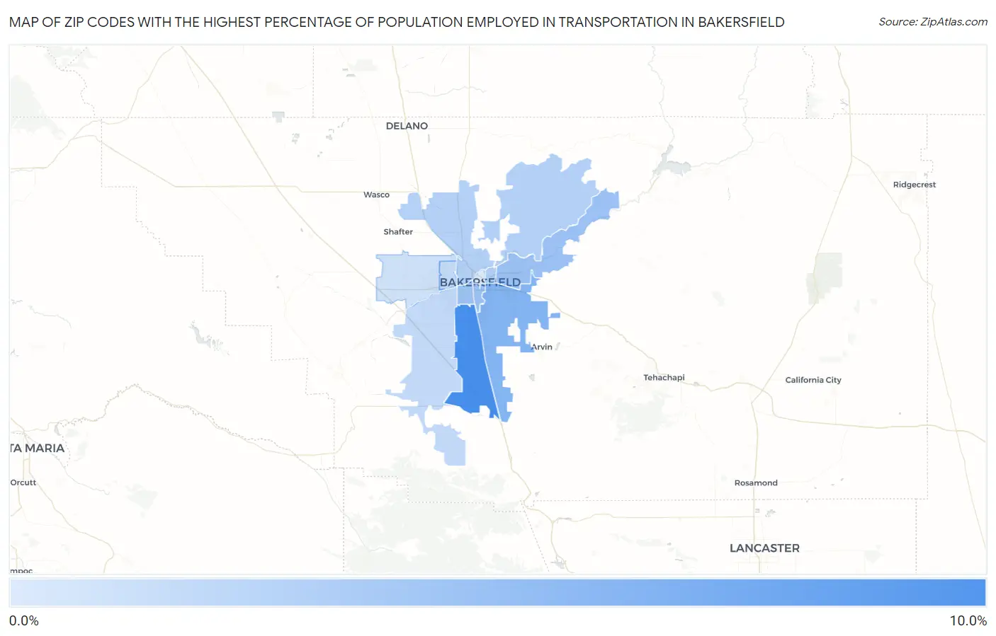 Zip Codes with the Highest Percentage of Population Employed in Transportation in Bakersfield Map
