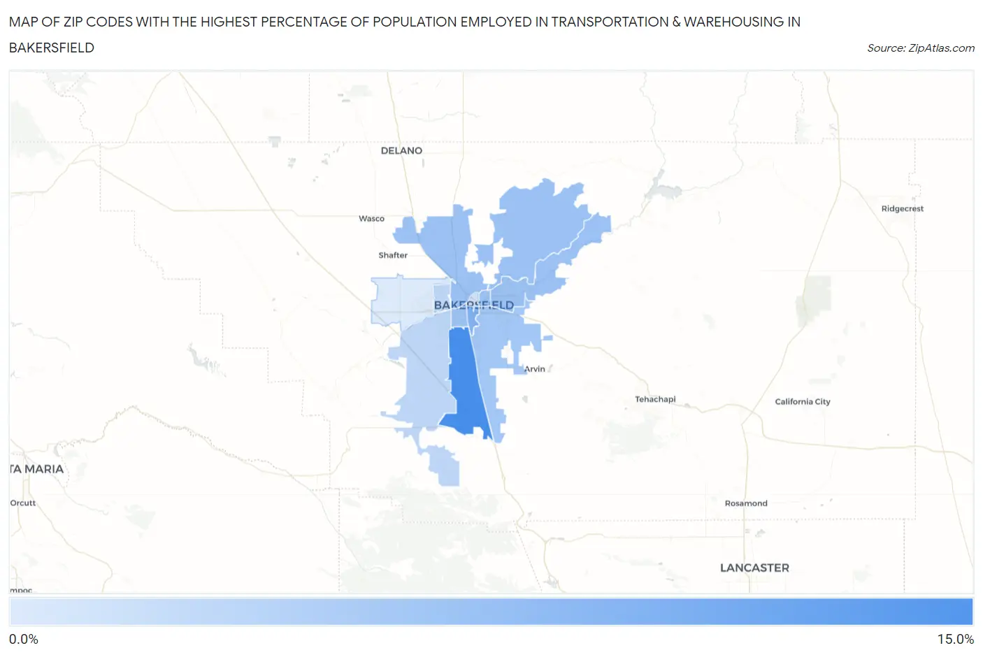 Zip Codes with the Highest Percentage of Population Employed in Transportation & Warehousing in Bakersfield Map