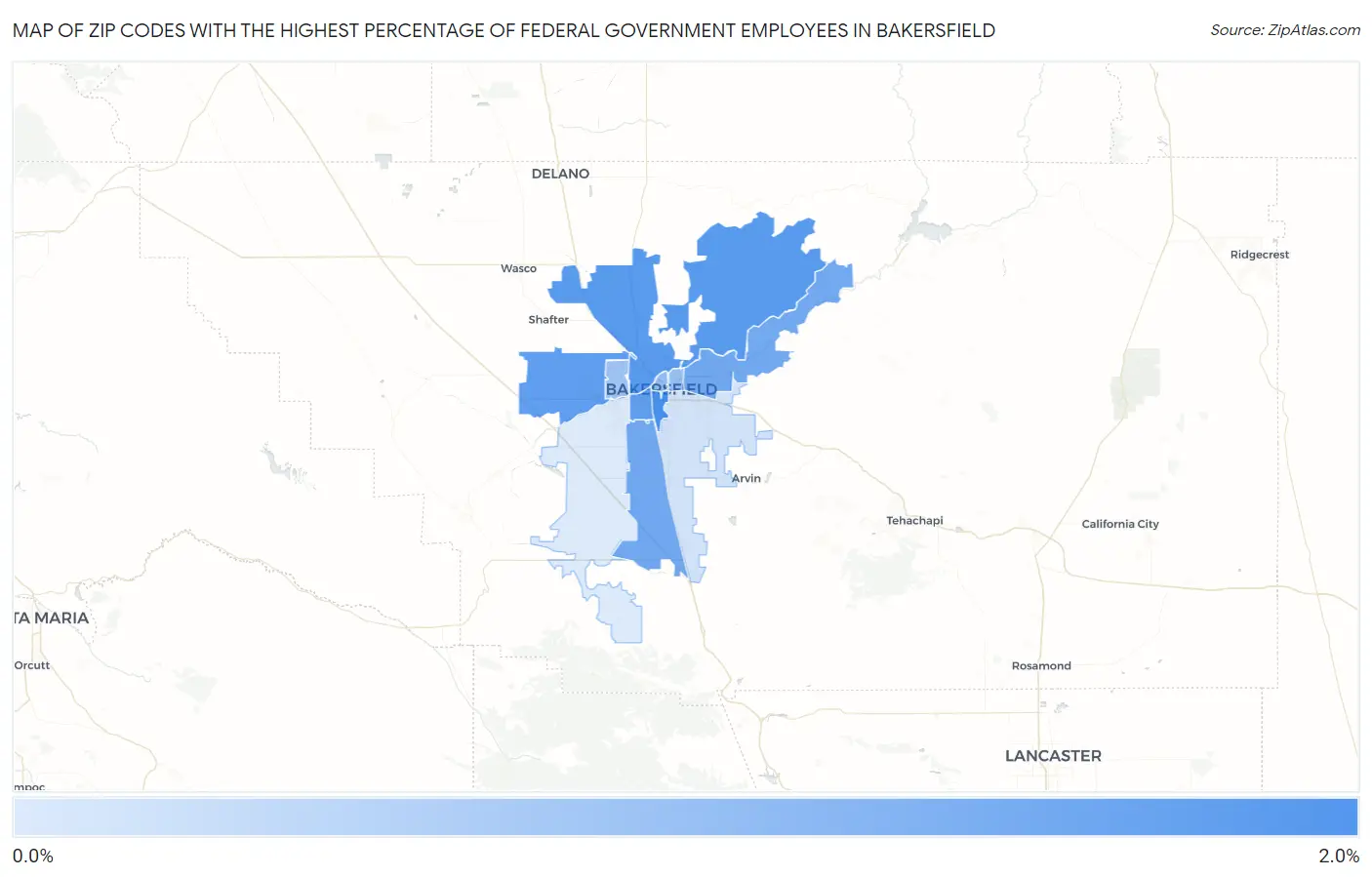 Zip Codes with the Highest Percentage of Federal Government Employees in Bakersfield Map