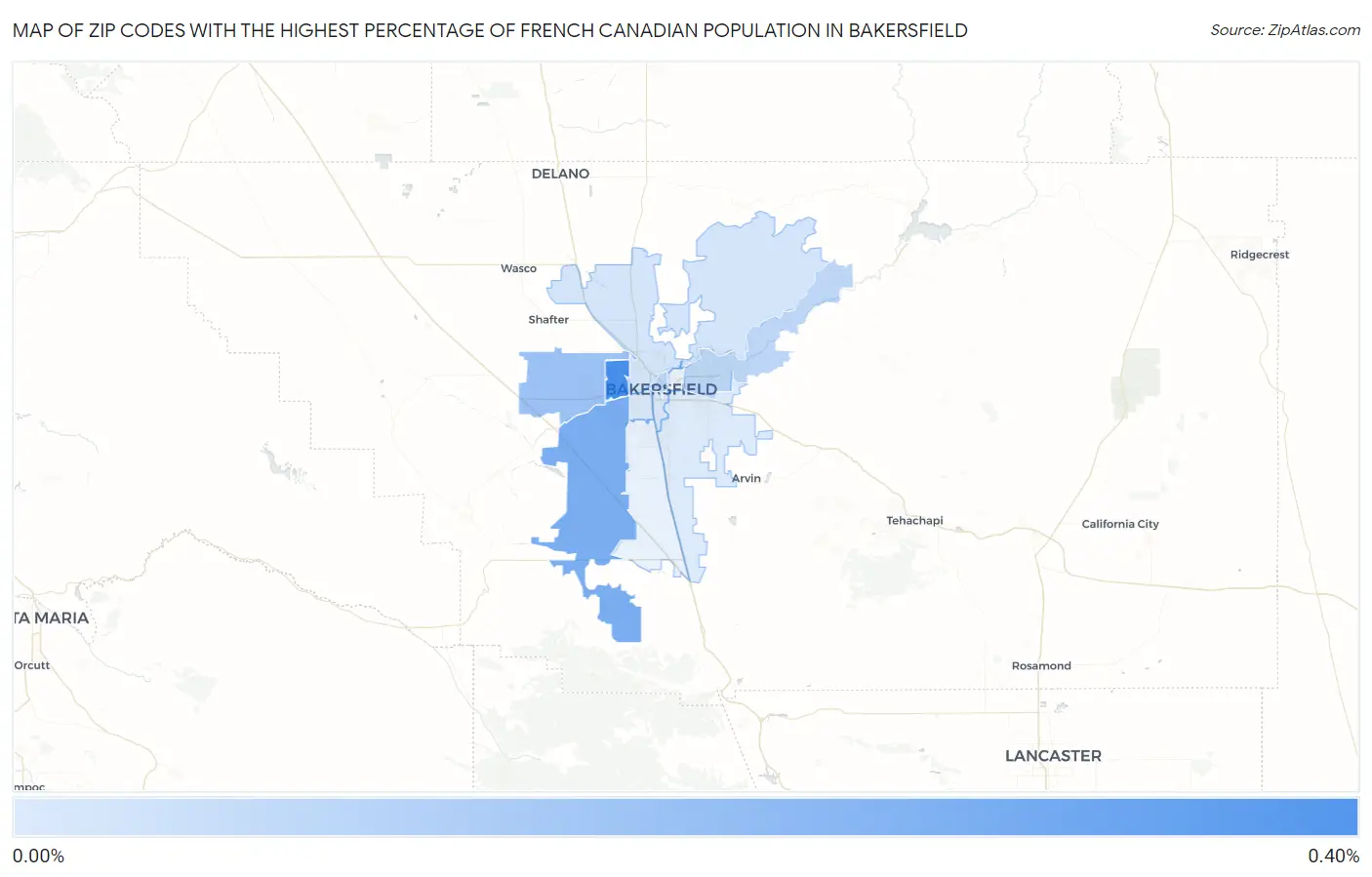 Zip Codes with the Highest Percentage of French Canadian Population in Bakersfield Map