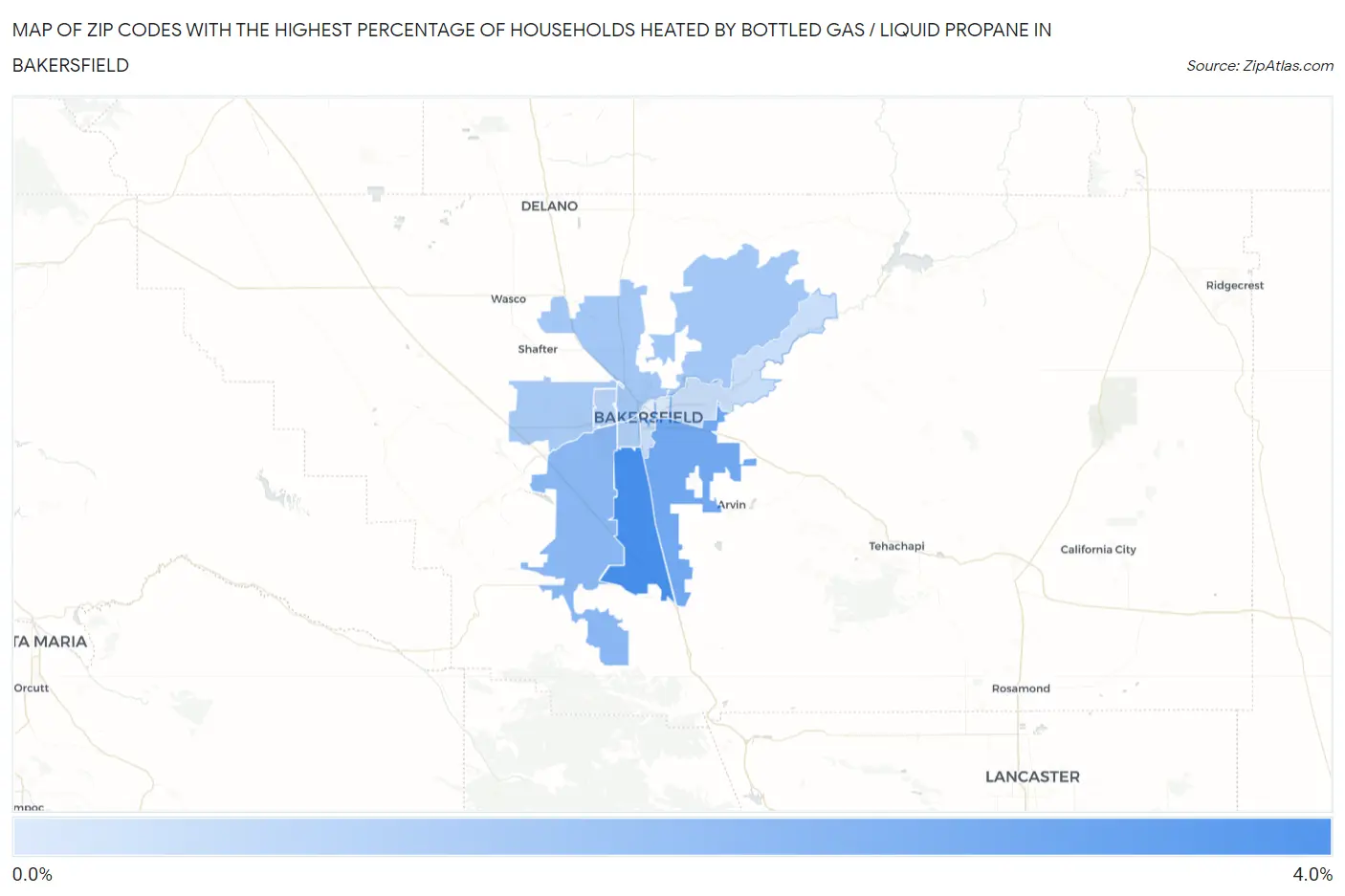Zip Codes with the Highest Percentage of Households Heated by Bottled Gas / Liquid Propane in Bakersfield Map