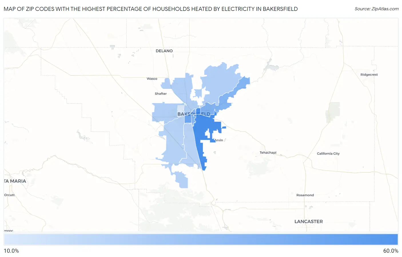 Zip Codes with the Highest Percentage of Households Heated by Electricity in Bakersfield Map