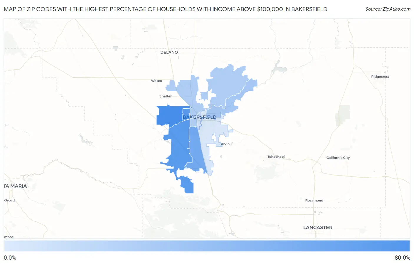 Zip Codes with the Highest Percentage of Households with Income Above $100,000 in Bakersfield Map