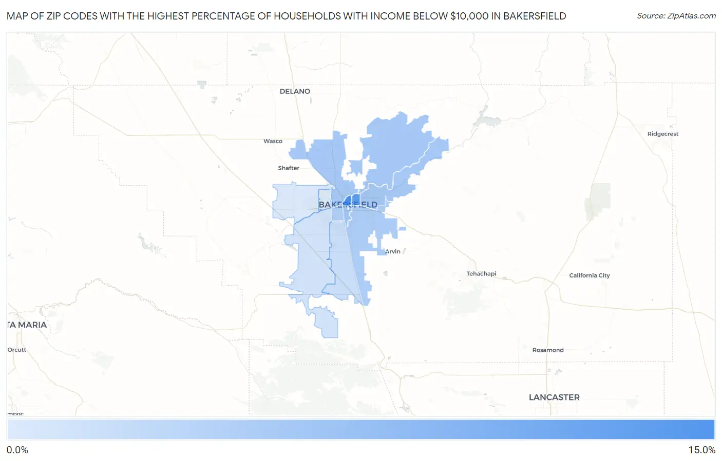 Zip Codes with the Highest Percentage of Households with Income Below $10,000 in Bakersfield Map