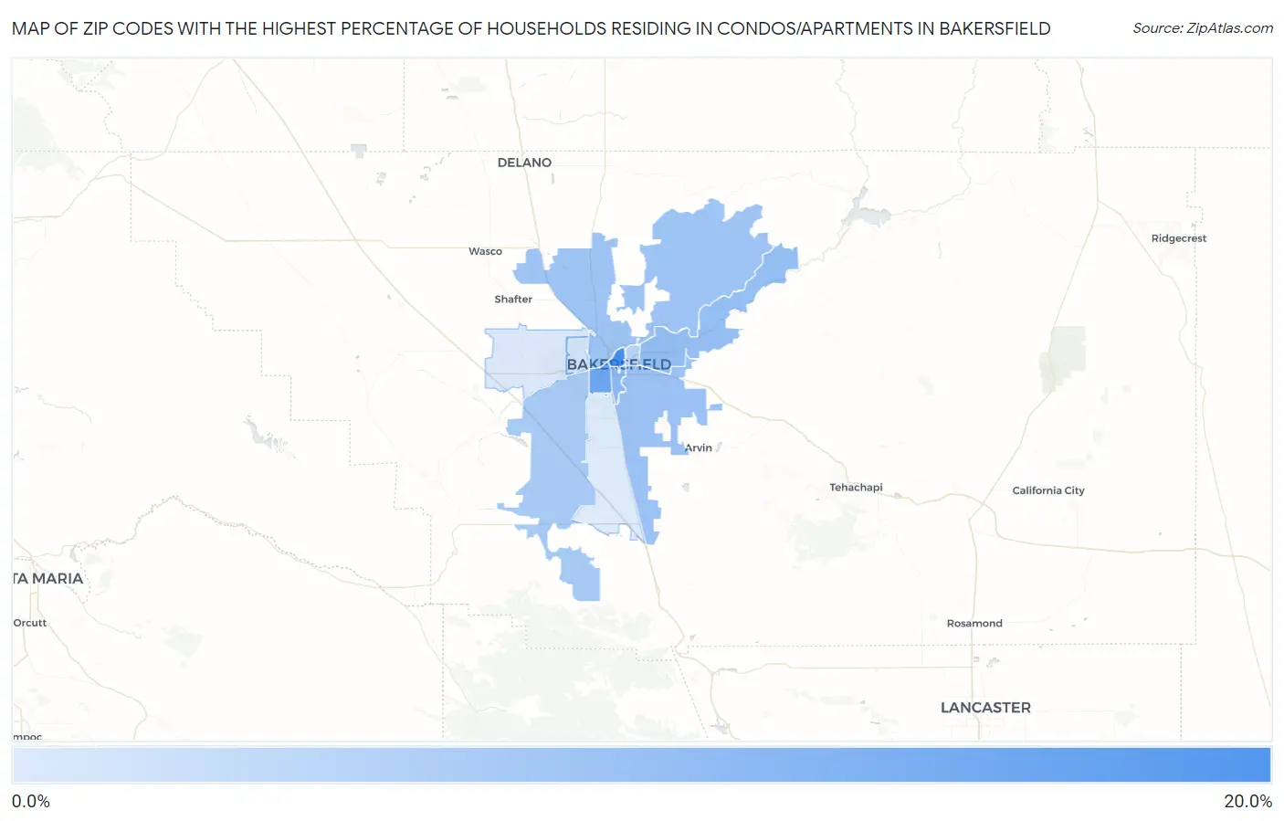 Zip Codes with the Highest Percentage of Households Residing in Condos/Apartments in Bakersfield Map