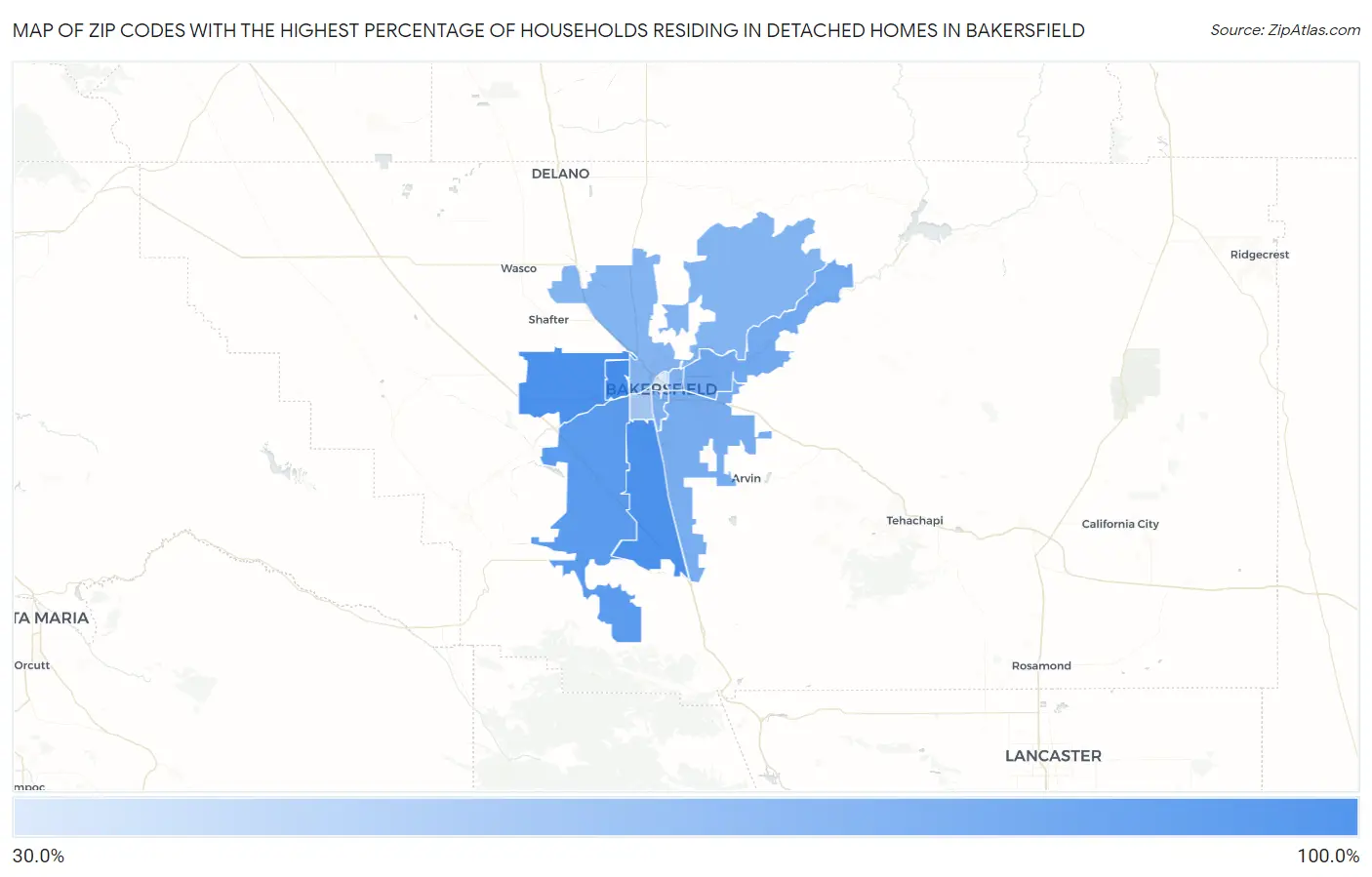 Zip Codes with the Highest Percentage of Households Residing in Detached Homes in Bakersfield Map
