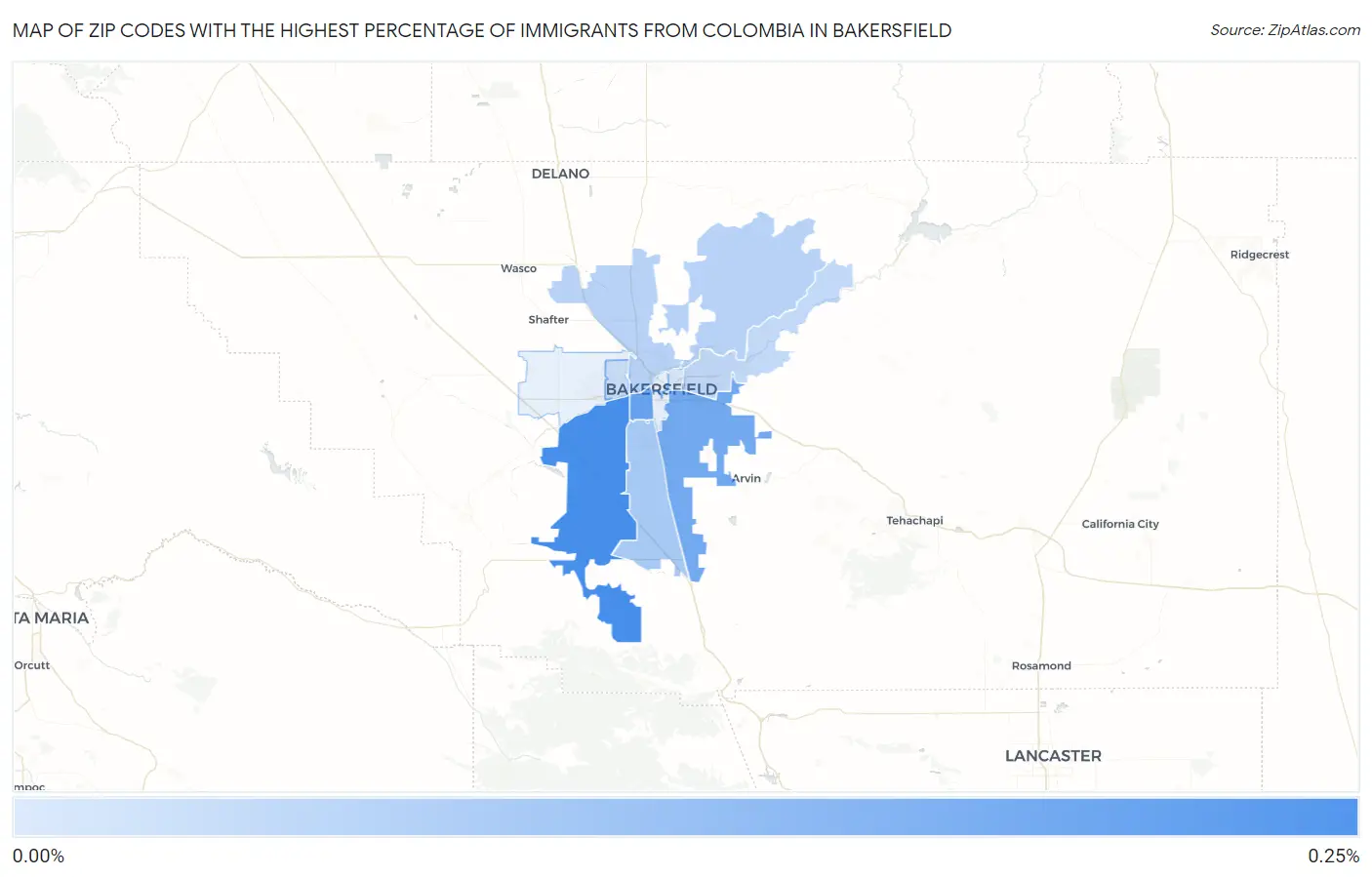 Zip Codes with the Highest Percentage of Immigrants from Colombia in Bakersfield Map