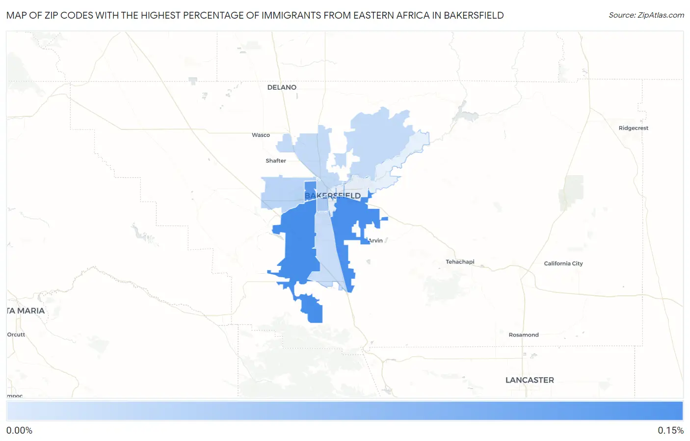 Zip Codes with the Highest Percentage of Immigrants from Eastern Africa in Bakersfield Map