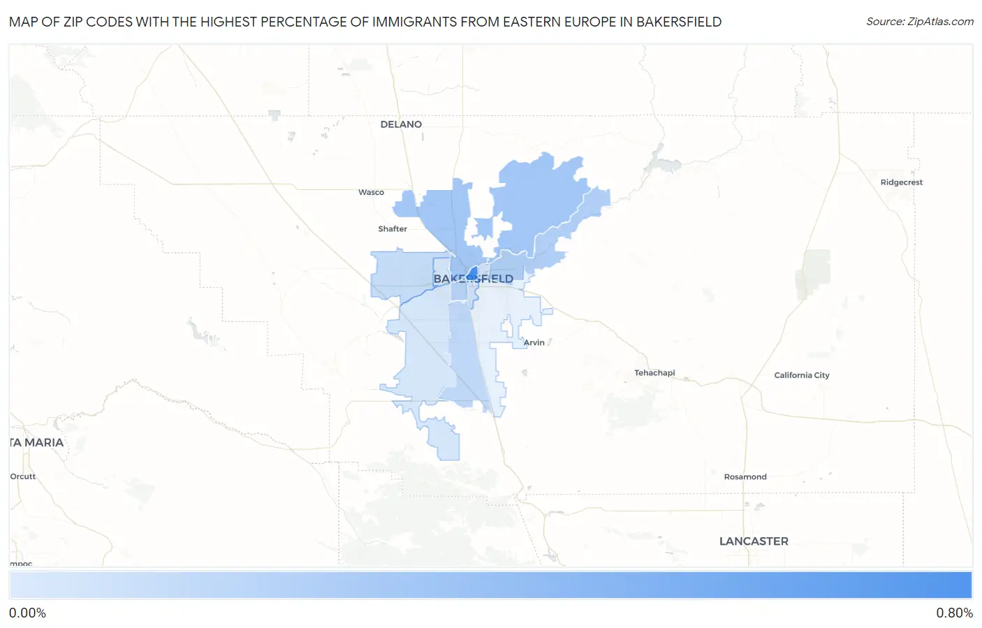 Zip Codes with the Highest Percentage of Immigrants from Eastern Europe in Bakersfield Map
