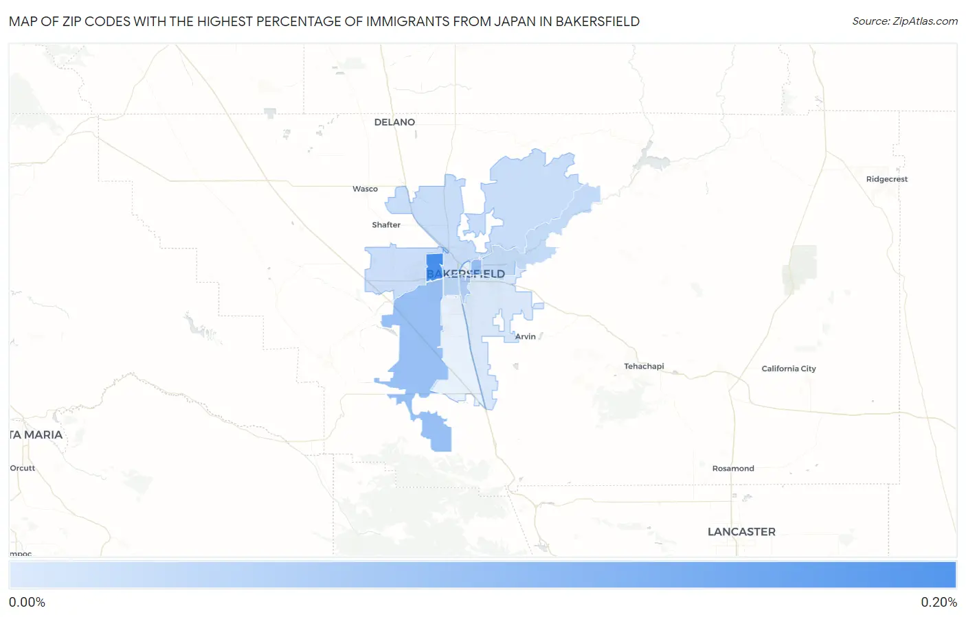 Zip Codes with the Highest Percentage of Immigrants from Japan in Bakersfield Map
