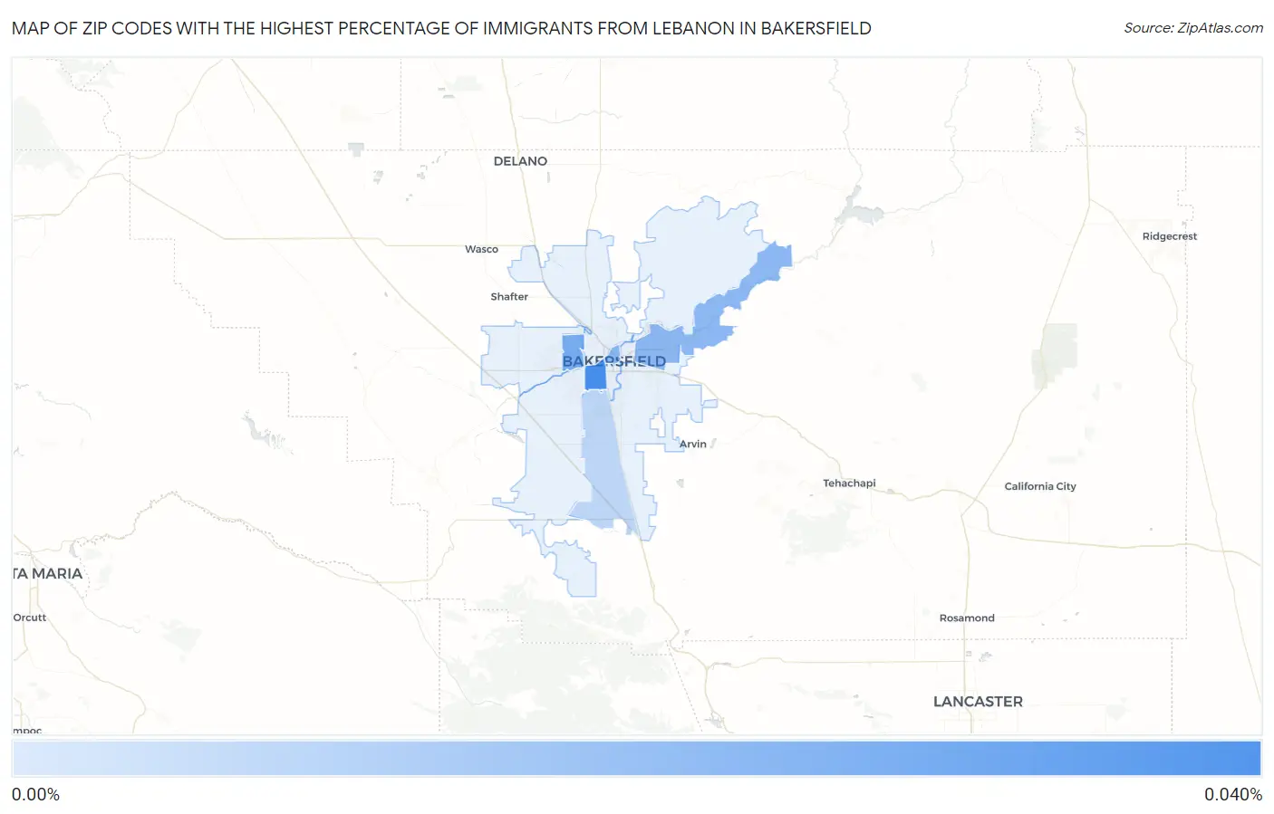 Zip Codes with the Highest Percentage of Immigrants from Lebanon in Bakersfield Map