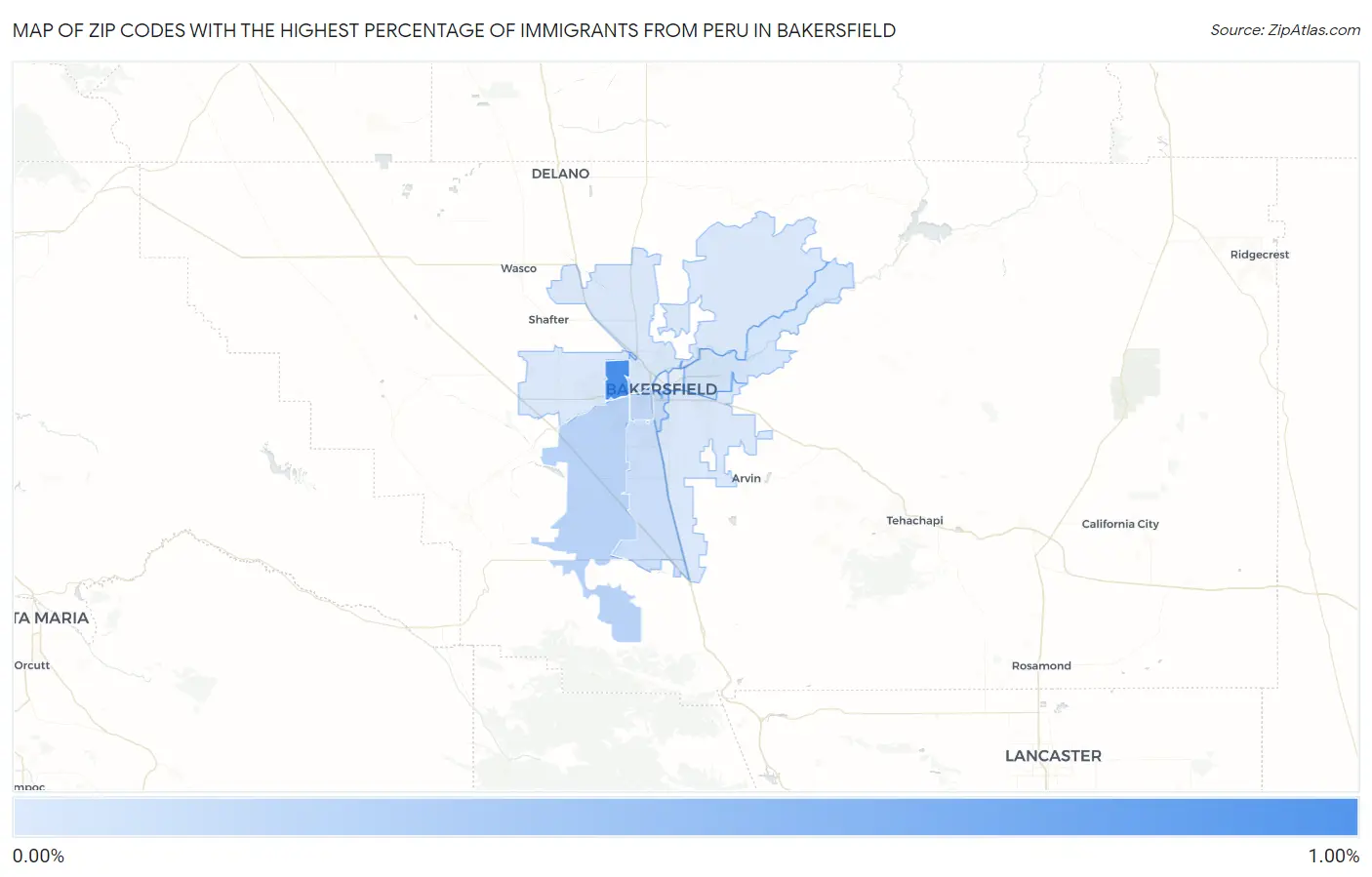 Zip Codes with the Highest Percentage of Immigrants from Peru in Bakersfield Map