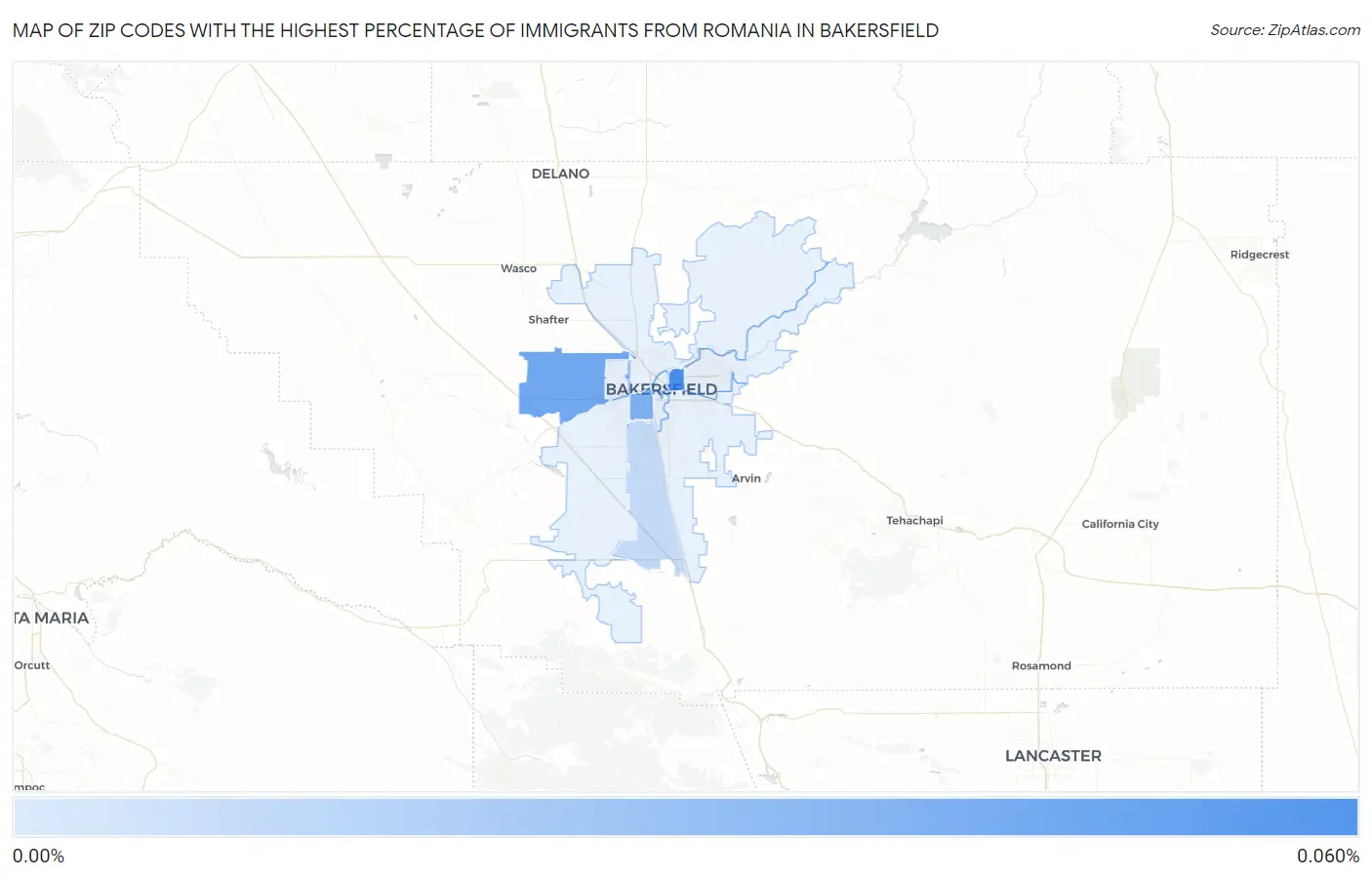 Zip Codes with the Highest Percentage of Immigrants from Romania in Bakersfield Map