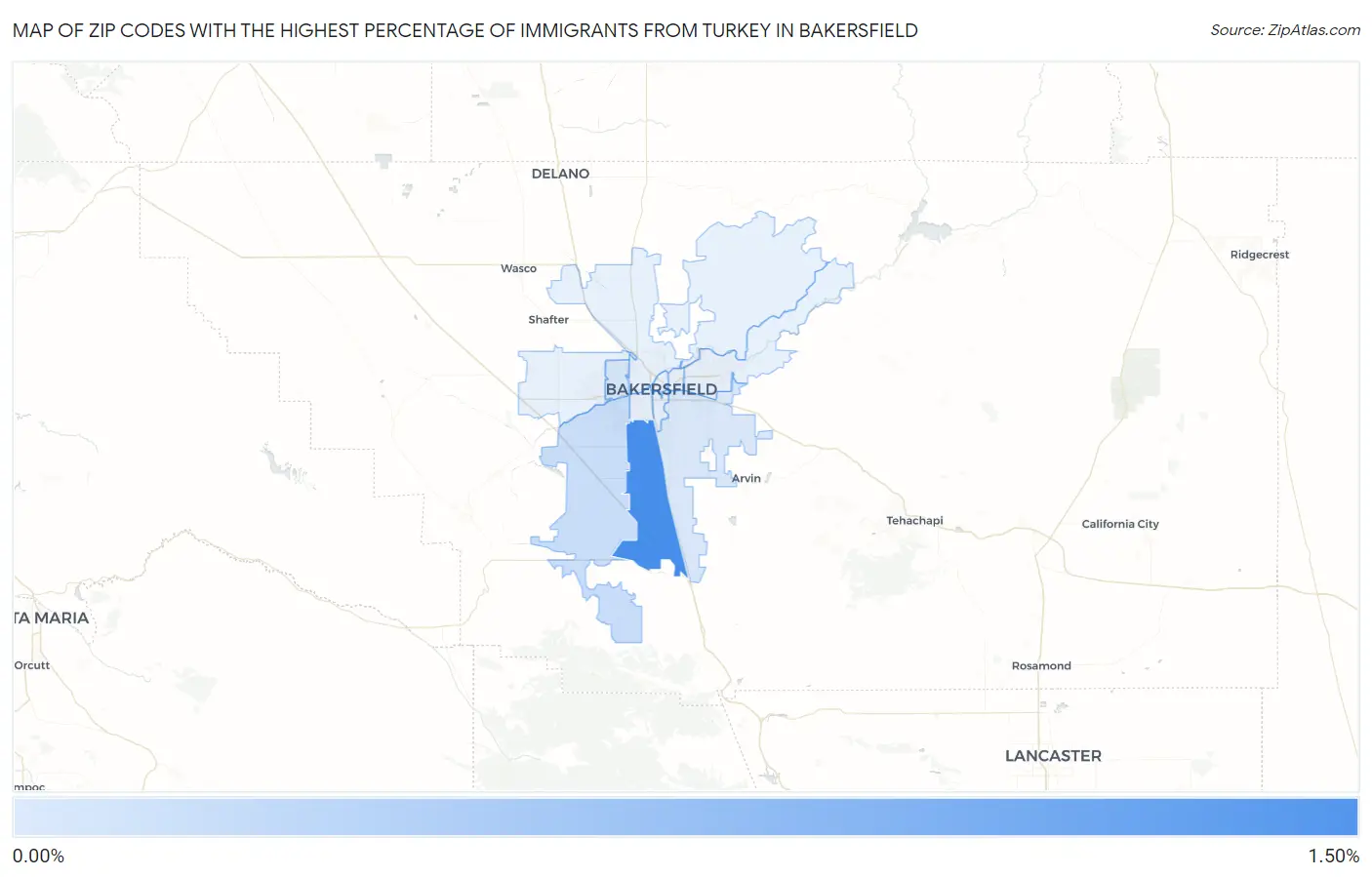 Zip Codes with the Highest Percentage of Immigrants from Turkey in Bakersfield Map