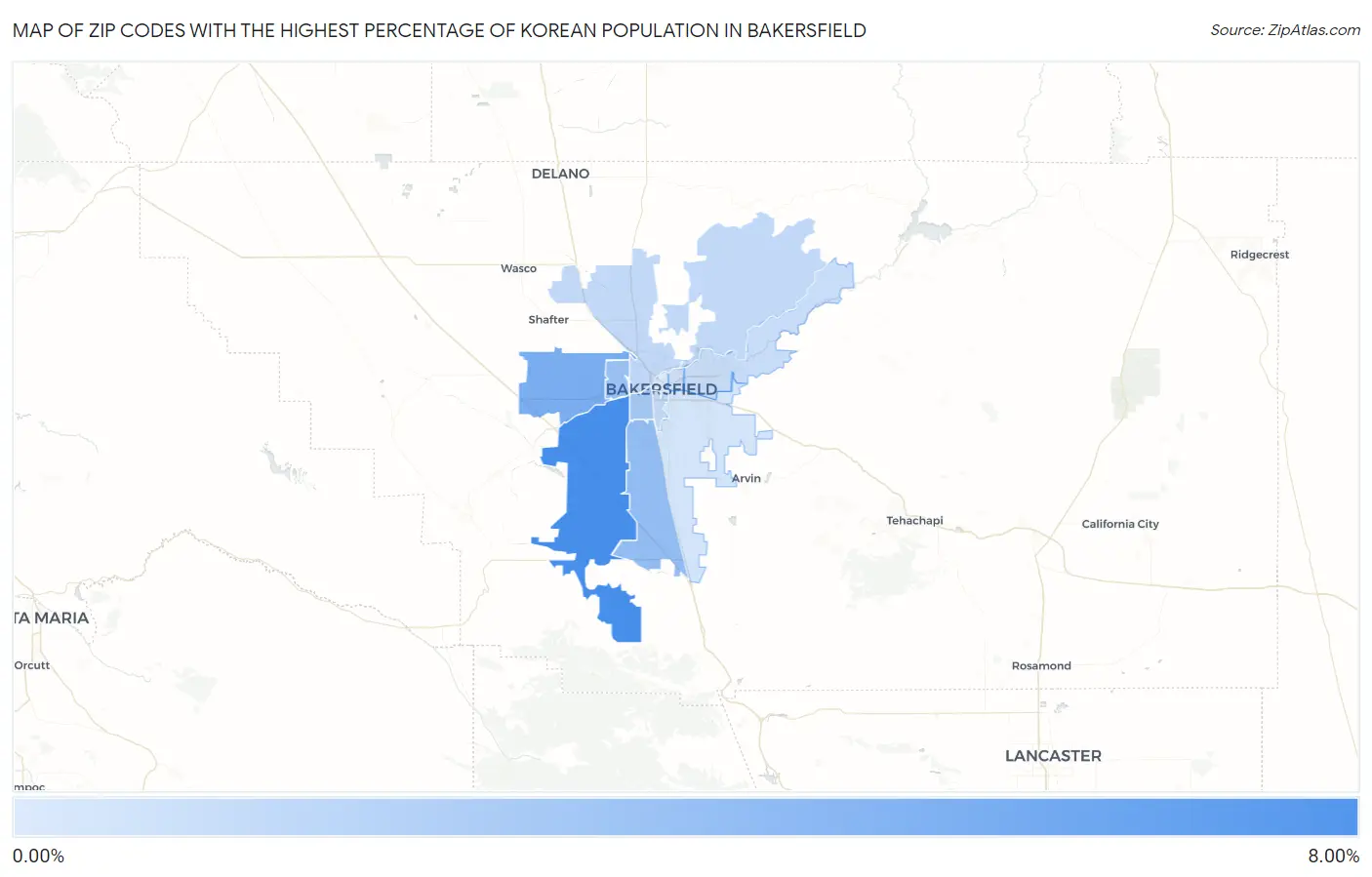 Zip Codes with the Highest Percentage of Korean Population in Bakersfield Map