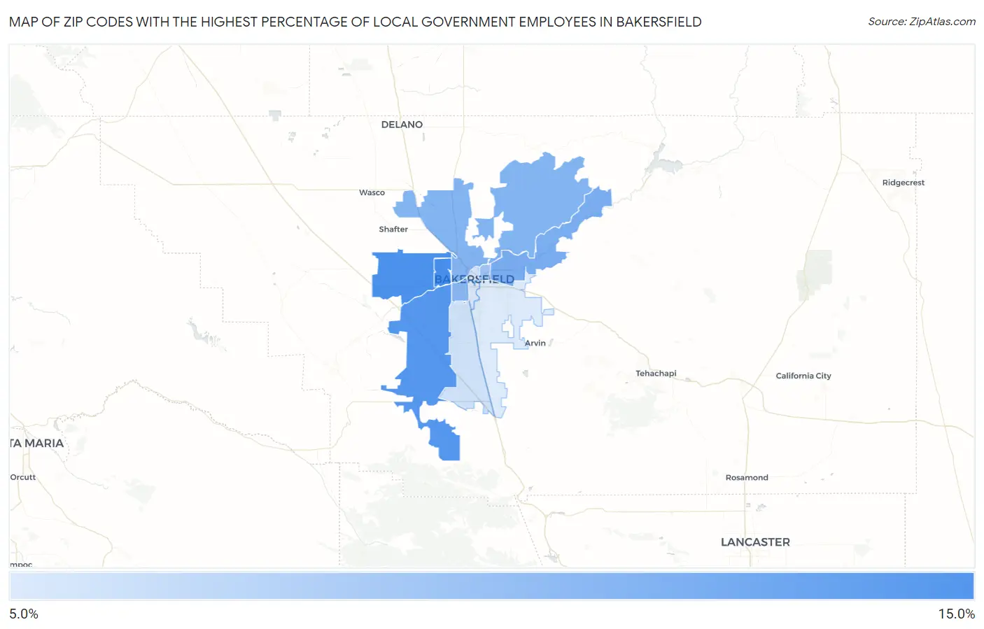 Zip Codes with the Highest Percentage of Local Government Employees in Bakersfield Map