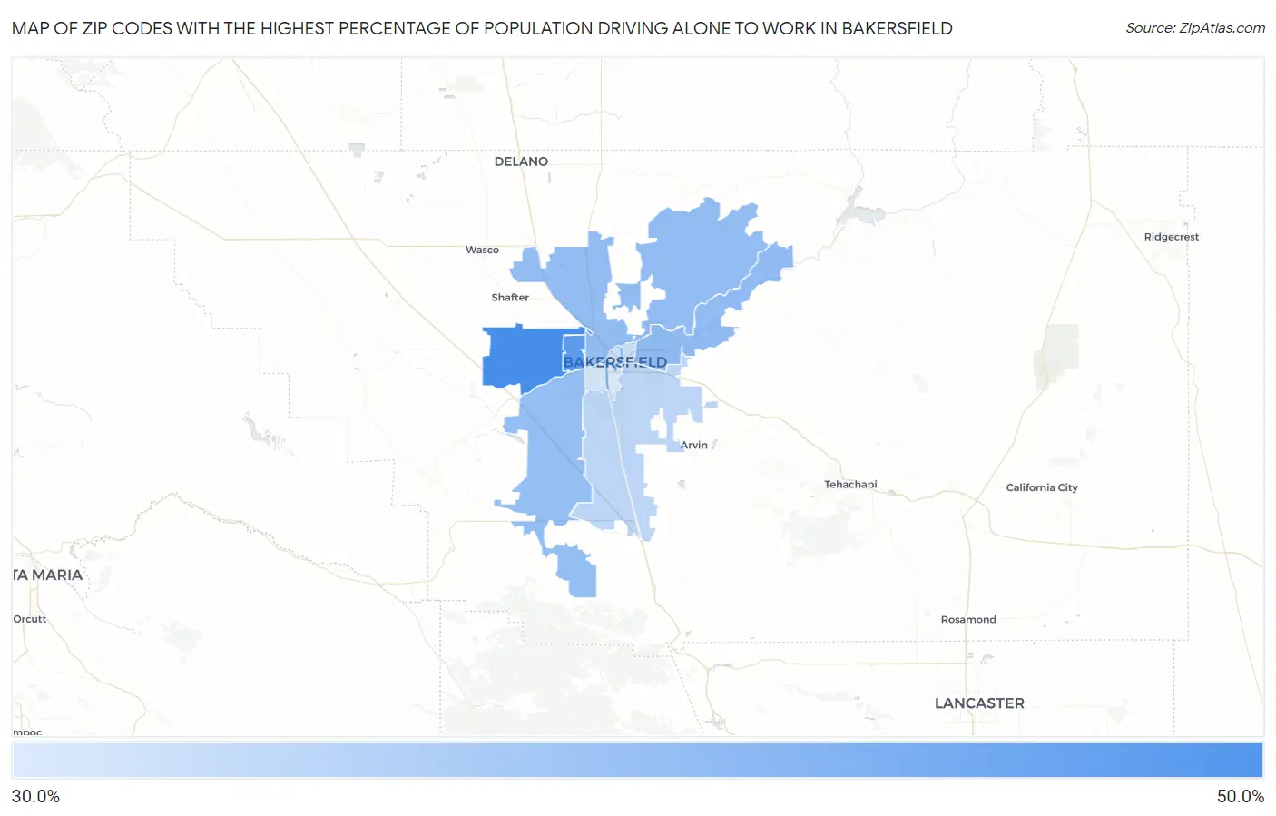 Zip Codes with the Highest Percentage of Population Driving Alone to Work in Bakersfield Map