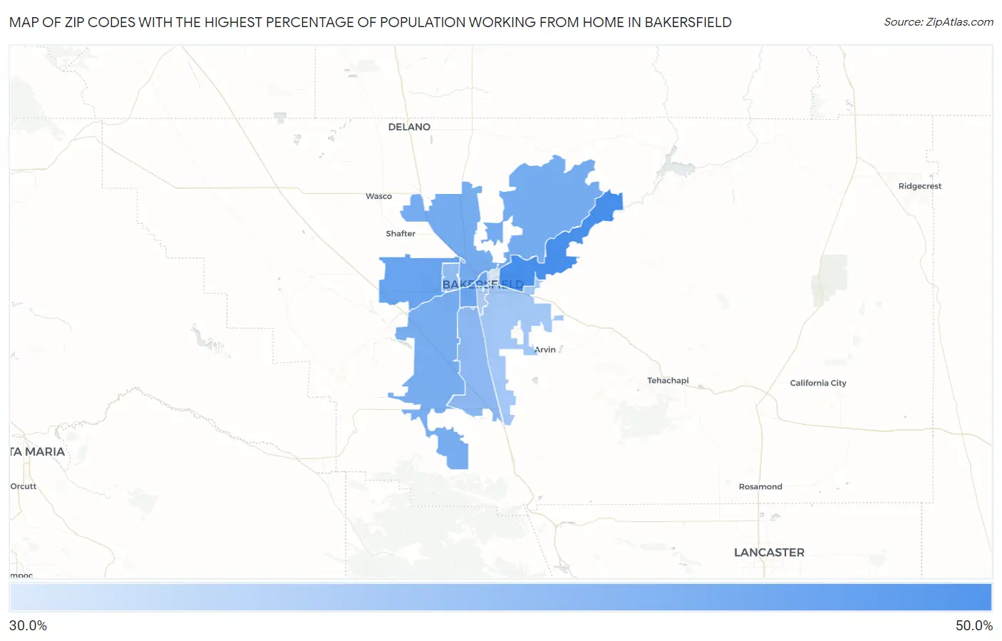 Zip Codes with the Highest Percentage of Population Working from Home in Bakersfield Map