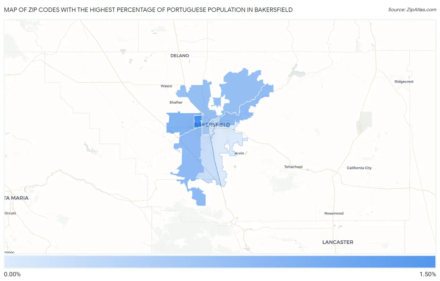 Zip Codes with the Highest Percentage of Portuguese Population in Bakersfield Map