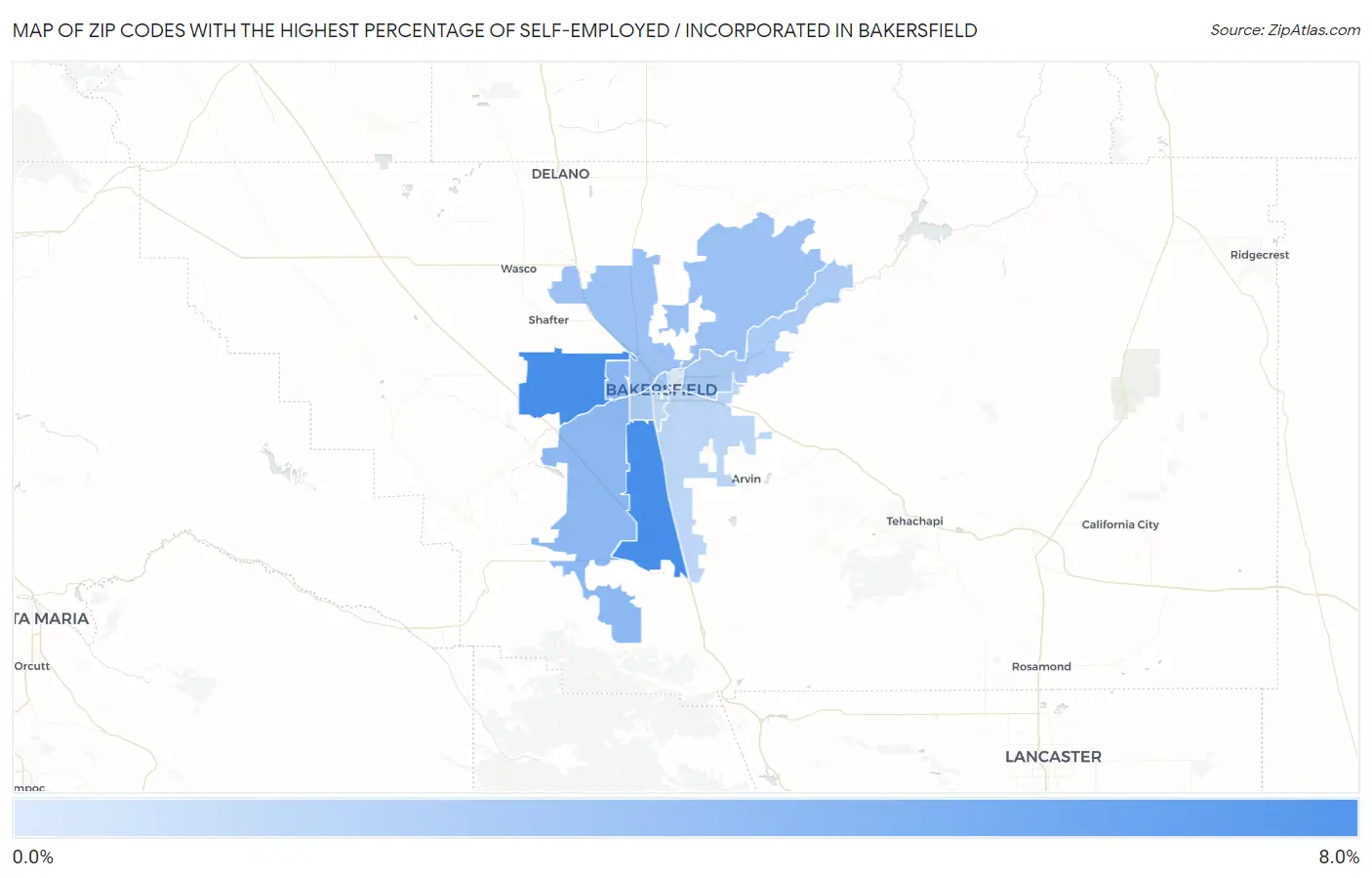 Zip Codes with the Highest Percentage of Self-Employed / Incorporated in Bakersfield Map