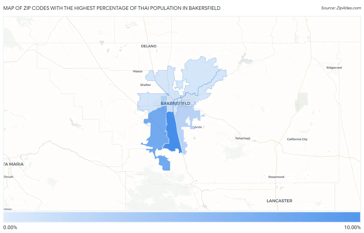 Zip Codes with the Highest Percentage of Thai Population in Bakersfield Map