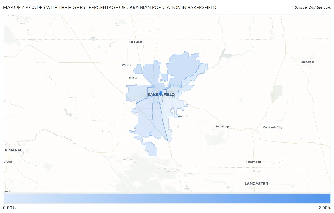 Zip Codes with the Highest Percentage of Ukrainian Population in Bakersfield Map