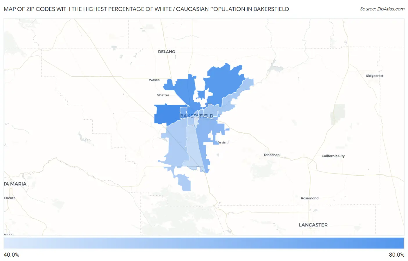 Zip Codes with the Highest Percentage of White / Caucasian Population in Bakersfield Map